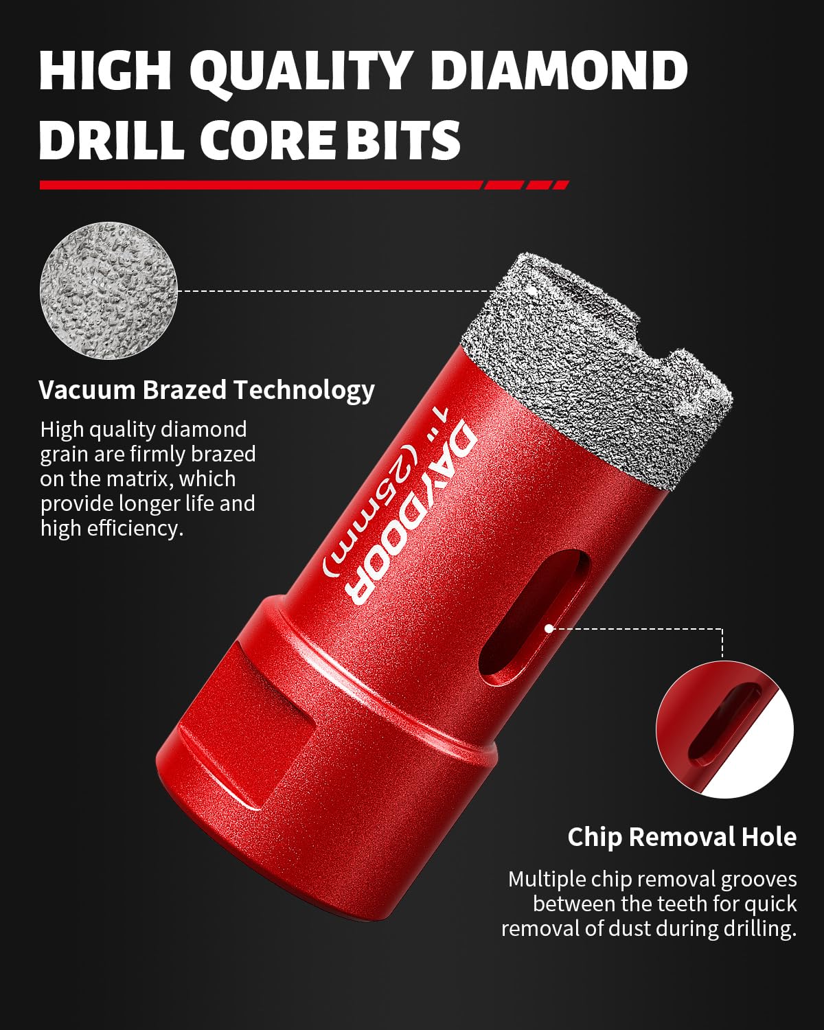 DAYDOOR Diamond Hole Saw Kit, 13-Piece Tile Hole Saw Kit 1/4" 5/16" 4/5" 1" 1-3/8" 2" 3" 4",Vacuum Brazed Core Drill Bits for Porcelain Tile, Granite, Marble, Stone(Red)