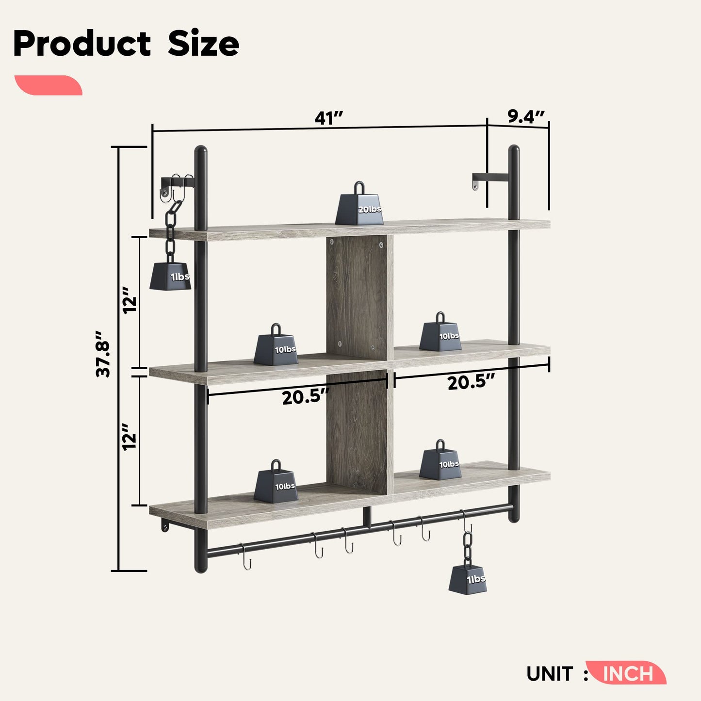 Bestier Floating Pipe Shelving Kitchen Shelves Wall Mounted 3 Tier Ladder Coffee Bar Shelf 3 Tier Bundle, Retro Grey