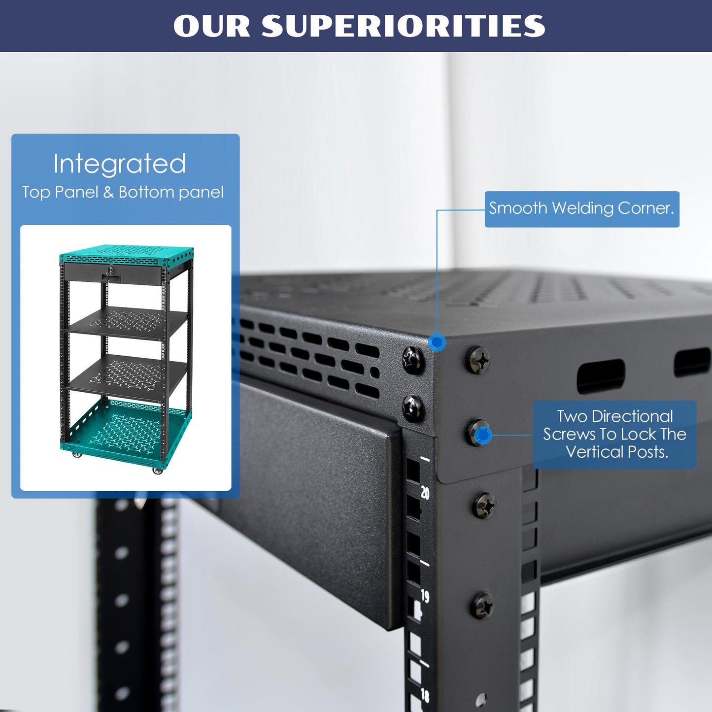 OCEANHUG 20U Server Rack Cabinet with Drawer & 2 PCS Full Size Rack Shelves - Integrated Top/Bottom Panels, 4 Rolling Wheels for 19" Equipment & Home Lab Studio