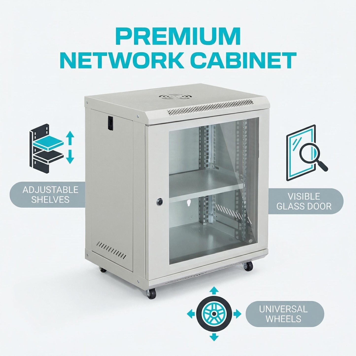 12U Wall-Mount & Rolling Network Cabinet for 19" Rack Equipment – Locking Tempered Glass Door, Ventilated Side Panels, Adjustable Rails, Fan Ready, Cable Management, Heavy-Duty Steel