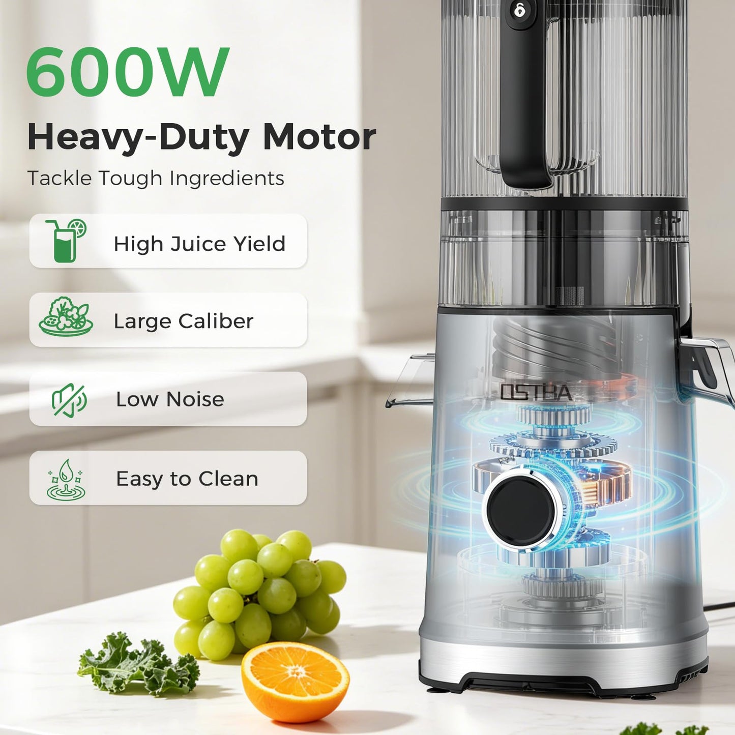 3-in-1 Cold Press Juicer, OSTBA 600W Slow Masticating Juicer with 6" Extra Large Feed Chute for Whole Fruits & Vegetables, Juicer, Nut Milk Maker & Sorbet Machine, Easy to Clean