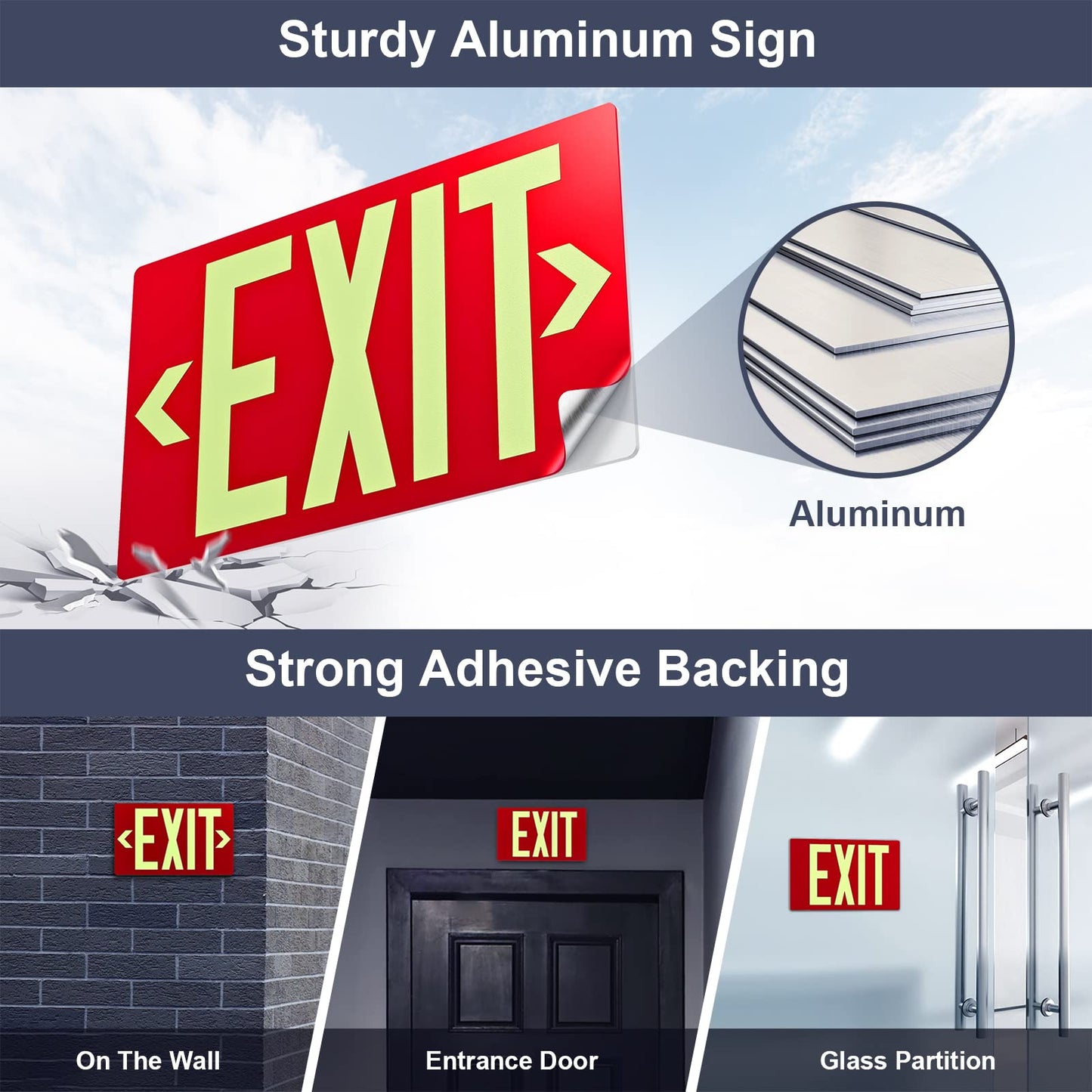 Photoluminescent Exit Sign Aluminum - Adhesive Backing Glow In The Dark - Removable Arrows Included - 12x7 Inches - Non Electrical Red Exit Light For 50 Feet Visibility (2 Pack)