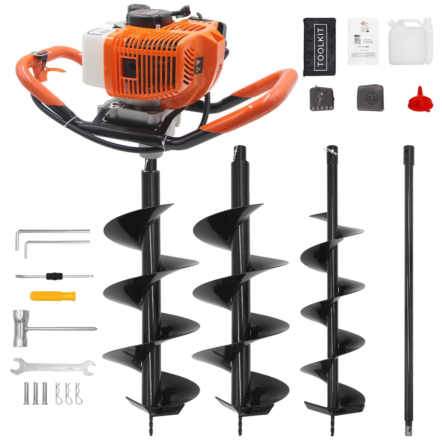 62CC Newly Upgraded Post Hole Digger Gas Powered, 2 Stroke Auger Post Hole Digger with 2 Drill Bits (6" & 8") + 1 Extension Rod for Planting - Ideal for Farm & Garden - Orange (62 CC)