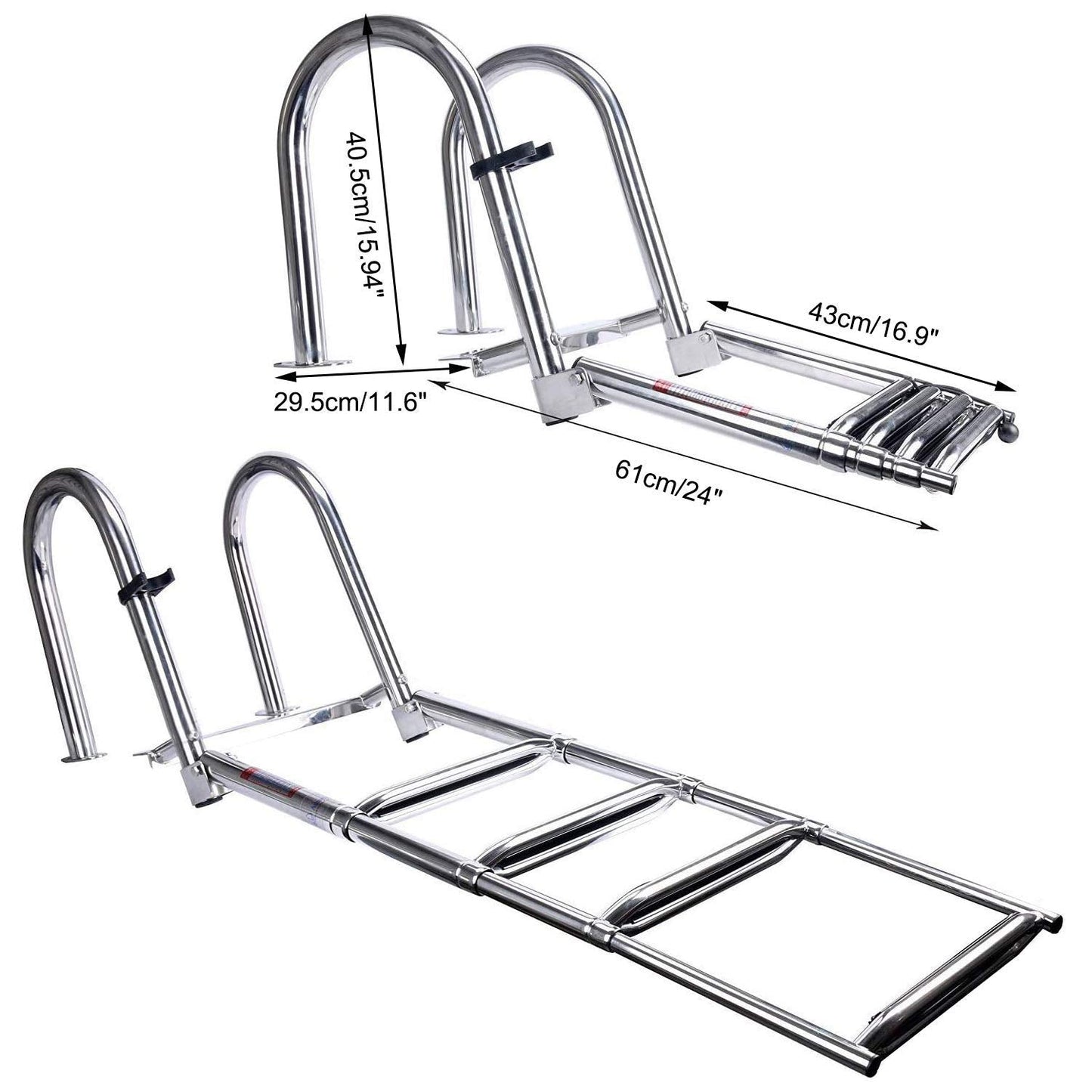 Amarine Made 4 Step Pontoon Boat Ladder Foldable Stainless Steel Marine Rear Entry Telescoping Ladders with Wide Steps Swim Deck Laddes with Pedal Hand Railing,Retaining Strap