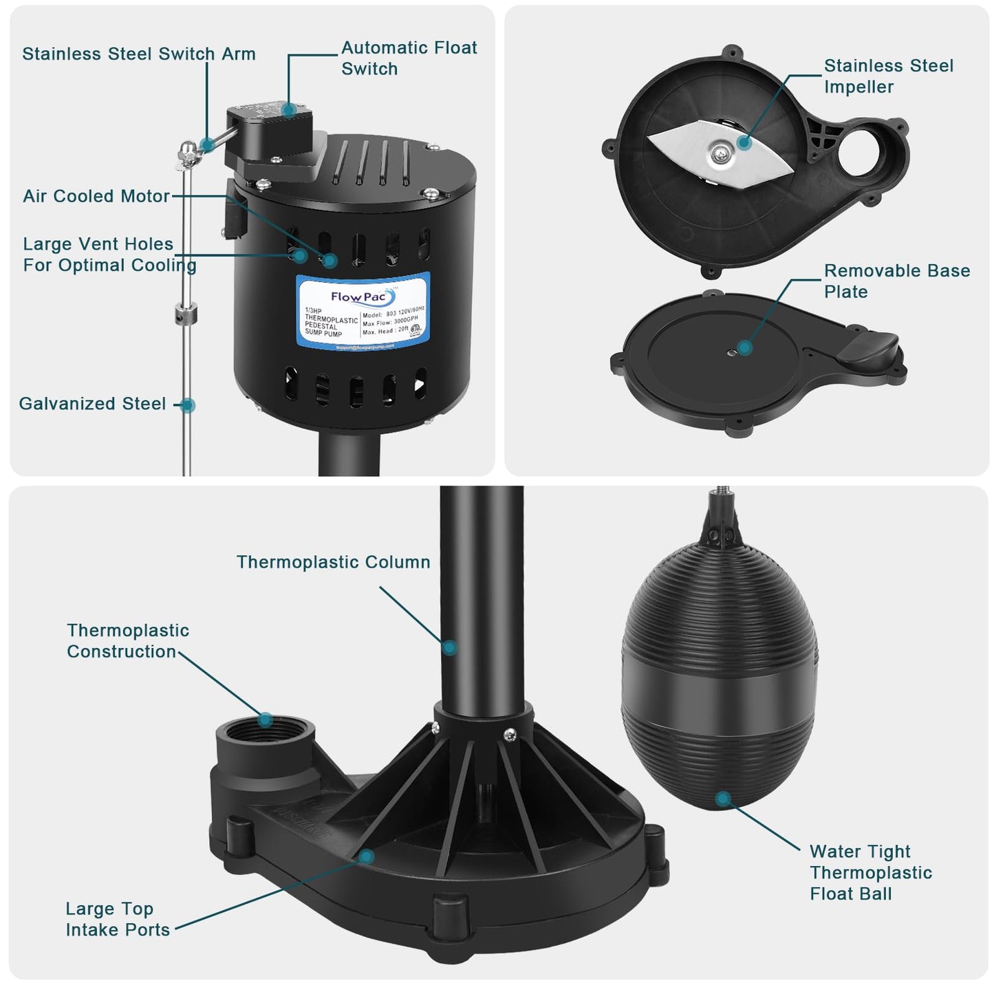 FLOWPAC Pedestal Sump Pump with Vertical Float Switch, Thermoplastic Pedestal, Stainless Steel Impeller, 1/3 HP, 45 GPM-Black