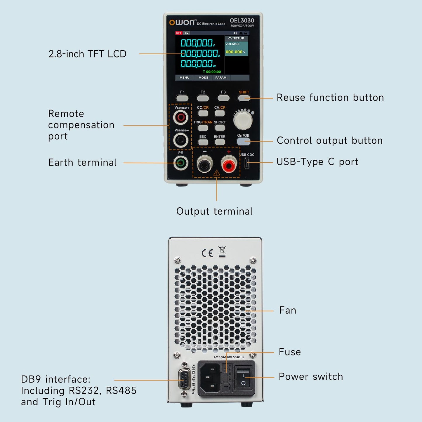 OWON Programmable DC Electronic Load OEL3030, DC 300V 30A Maximum 300W, USB/RS232, CV CC CR CP 4 Operation Modes, 5kHz Dynamic, Lab Bench Power Tester with 2.8” TFT Color LCD Display