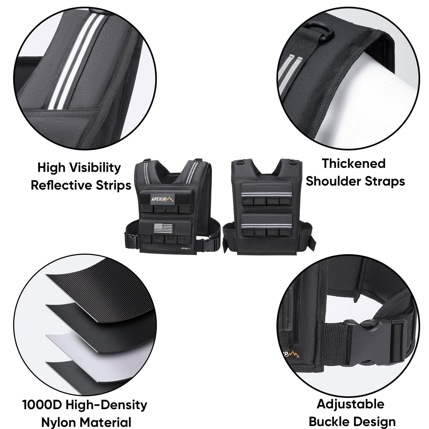 APEXUP Adjustable Weighted Vest Men 20lbs/30lbs/40lbs Weights with Reflective Stripe, Weight Vest Woman Workout Vest for Strength Training Running Walking (40 lbs, Black)