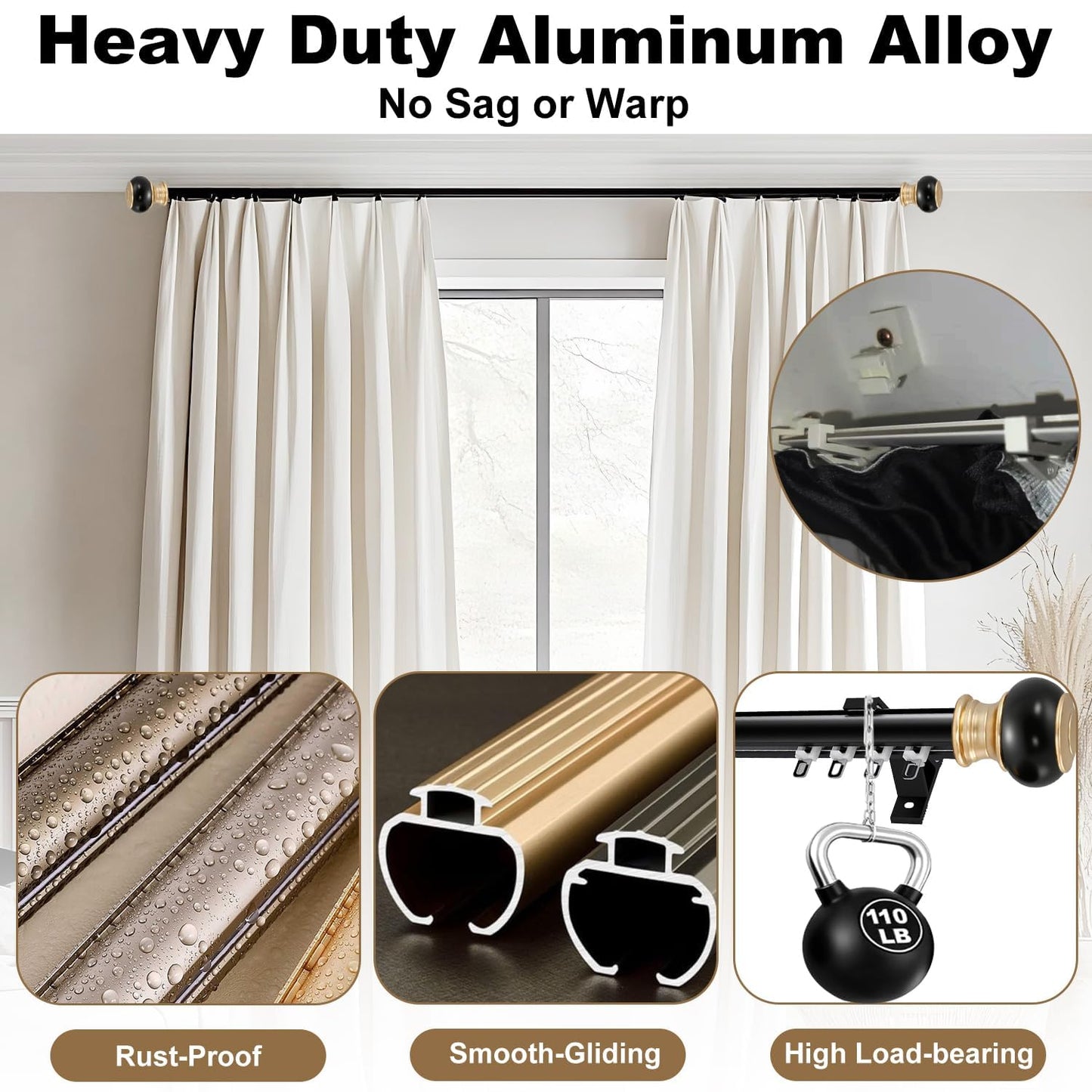 Wall Mounted Curtain Track Silent Curtain Rail Track System Roman Rod Heavy-Duty Single Roman Curtain Rods Aluminum Sliding Curtains Rails for Room Divider Living Bedroom (Black, 18FT(5.48m))