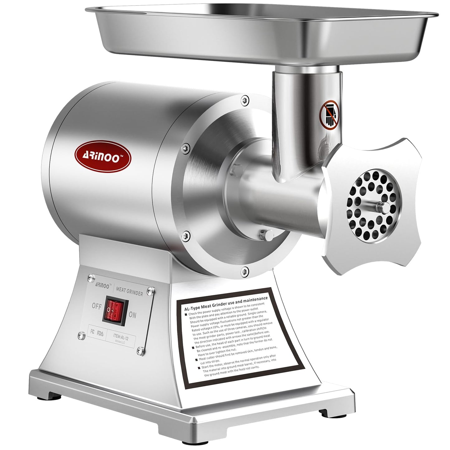 ARINOO Commercial Meat Grinder #12, 0.9HP Heavy Duty Stainless Steel Industrial Meat Mincer w/2 Blades & Meat Pusher,Electric Meat Grinders for large batches home butchering, or small farm processing