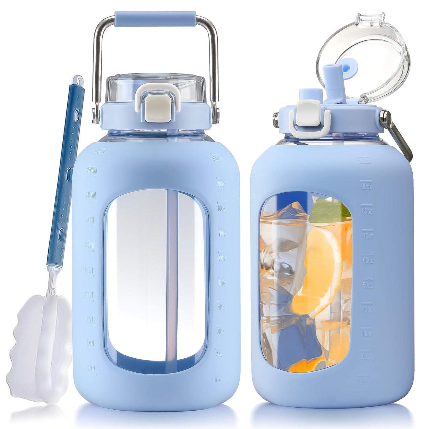 WINSA Large Glass Water Bottles with Stainless Steel Handle,100 oz Gallon Drinking Bottle with 2-in-1 Straw Lid,3 Liter Glass Water Jug with Silicone Sleeve,Wide Mouth,Light Blue