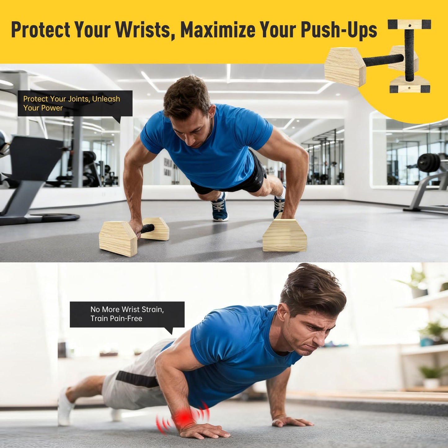 KISENG Push-up Stand, 9.84 in Wooden Parallettes Bars for Handstand Training, Solid Push Up Bars & Calisthenics Bar, with Non-Slip strap, Exercise Home Workout Equipment for Men Strength Training