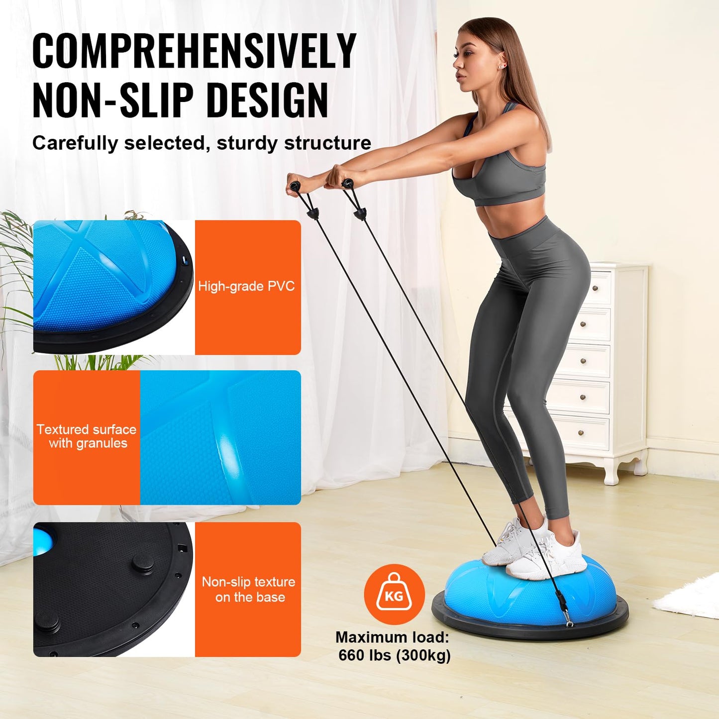 VEVOR 23-inch Half Exercise Ball Trainer, 660 lbs Capacity Balance Ball, Includes Resistance Bands and Pump, Ideal for Full Body Workouts, Yoga, and Strength Training at Home Gym, Blue2