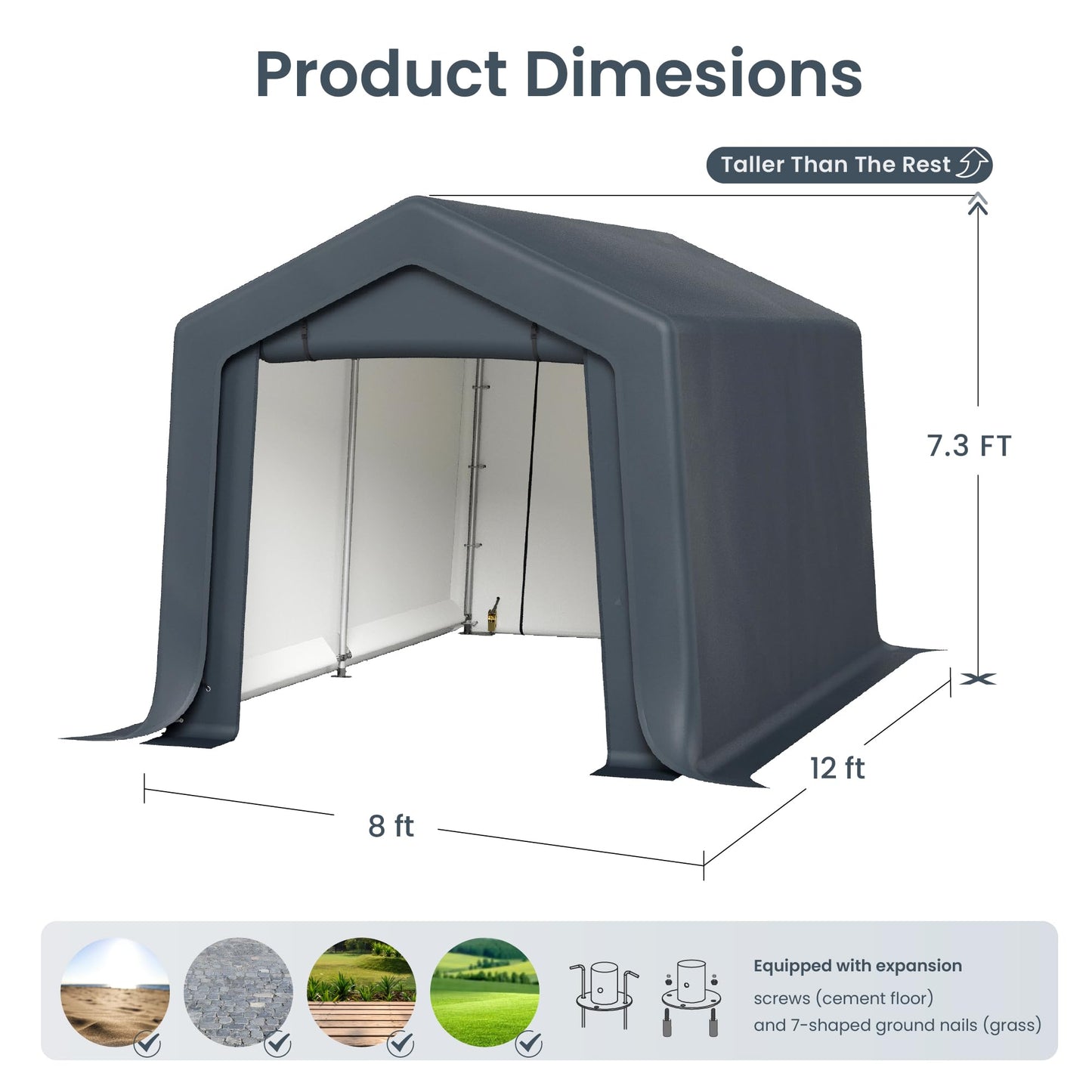 PHI VILLA 8x12ft Storage Shelter Shed, Portable Carports Outdoor Garage Canopy with Roll up Zipper Doors & Vents Waterproof UV Resistant Garages Tent for Cars,Boats,Tools, Motorcycle, Gray