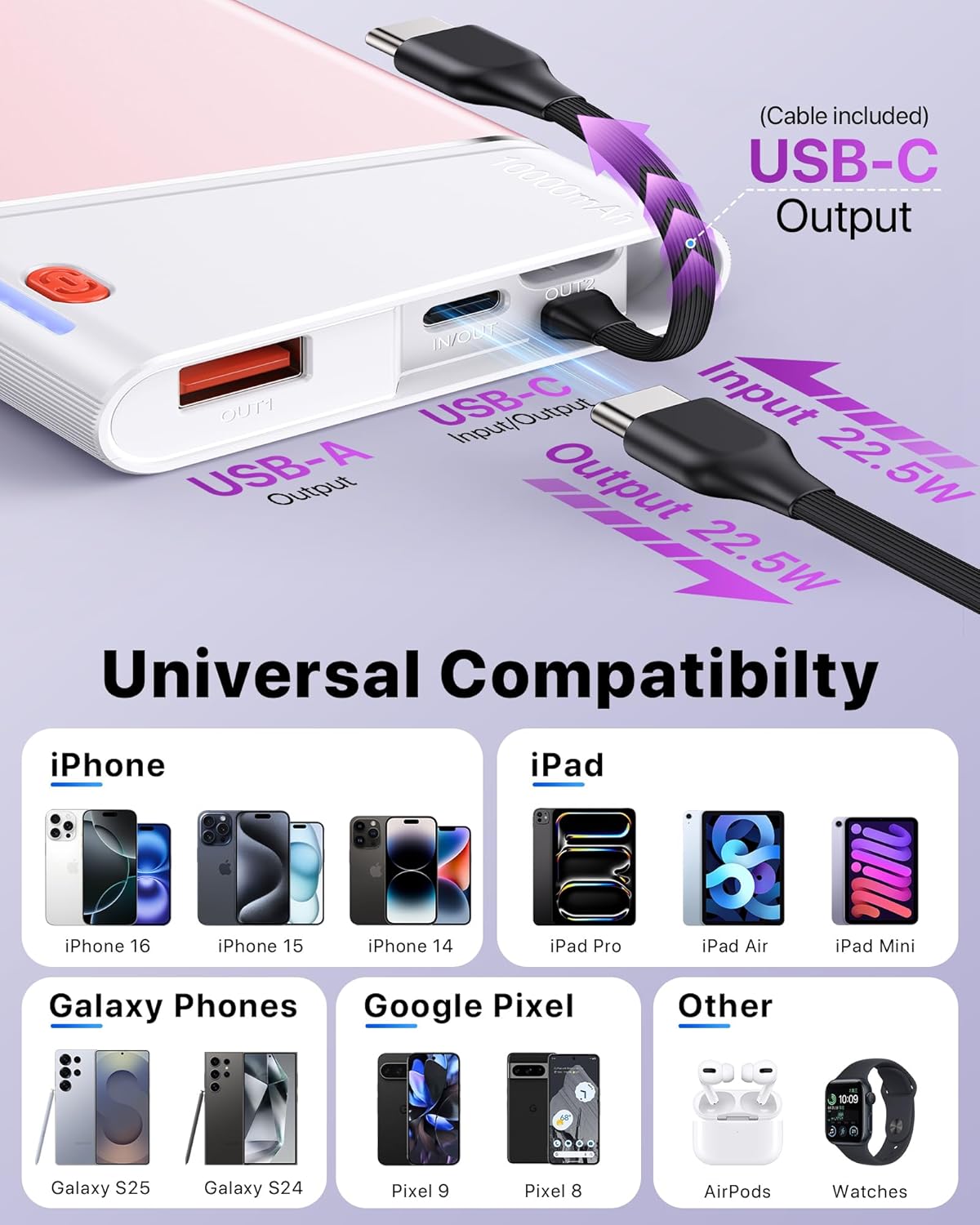 Aaoyun 10000mAh 22.5W Pack 17/16/15 S24 Portable Charger Power Bank, PD Fast Charging Powerbank with Built-in USB C