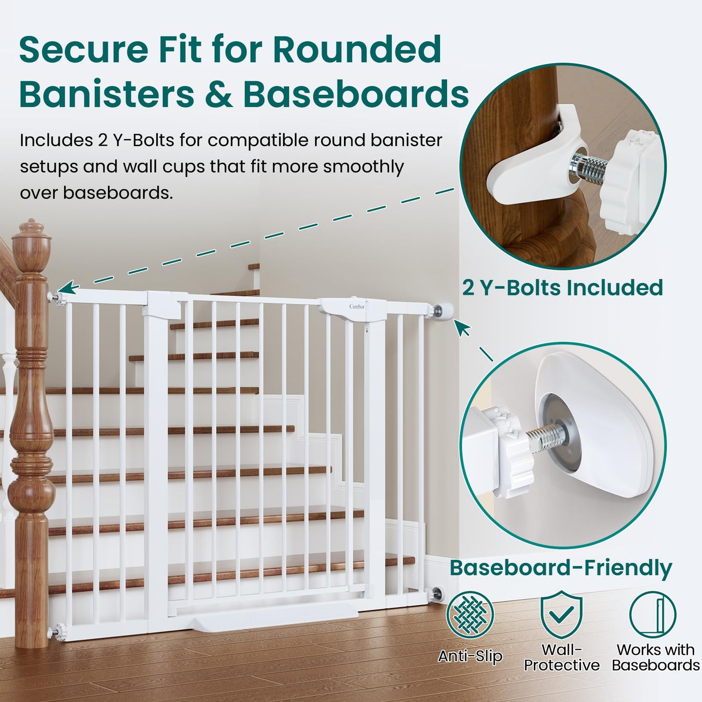 Cumbor 29.7-46" Baby Gate for Stairs, Toddler Safety Essentials for The House, Auto Close Dog Gate for Doorways, Mom's Choice Awards Winner-Easy Install Pressure Mounted Pet Gates for Dogs, White