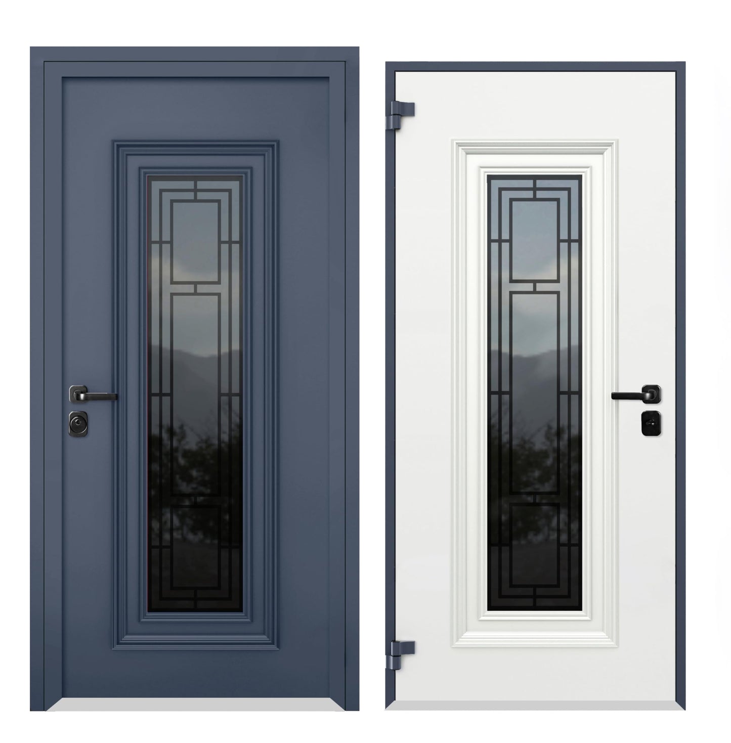 VDOMDOORS Front Exterior Prehung Steel Door/Ballucio 6044 Gray Graphite/Side and Top Exterior Window/Stainless Inserts Single Modern Painted-W36+12" x H80+16"-Right-Hand Inswing