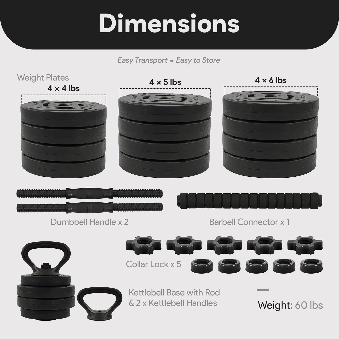 Fitvids Adjustable Dumbbell Set, 60lbs Free Weights Set with Connector, 4 in 1 Changeable Dumbbells and Barbell for Exercise and Fitness, Black/Black