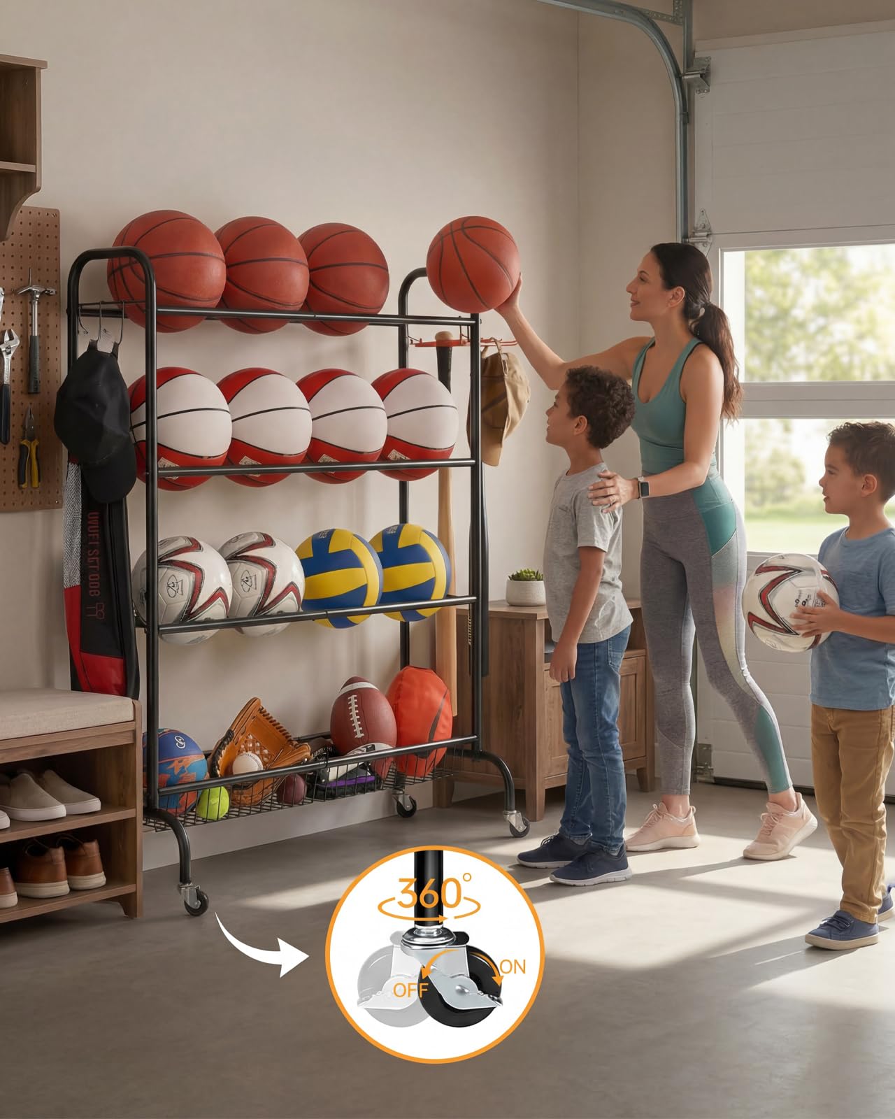 EXTCCT Basketball Rack, Outdoor Rolling Basketball Shooting Training Stand,Sports Equipment Storage with Wheels, Garage Four-layer ball Holder With Two Basket For Basketballs Footballs Volleyball