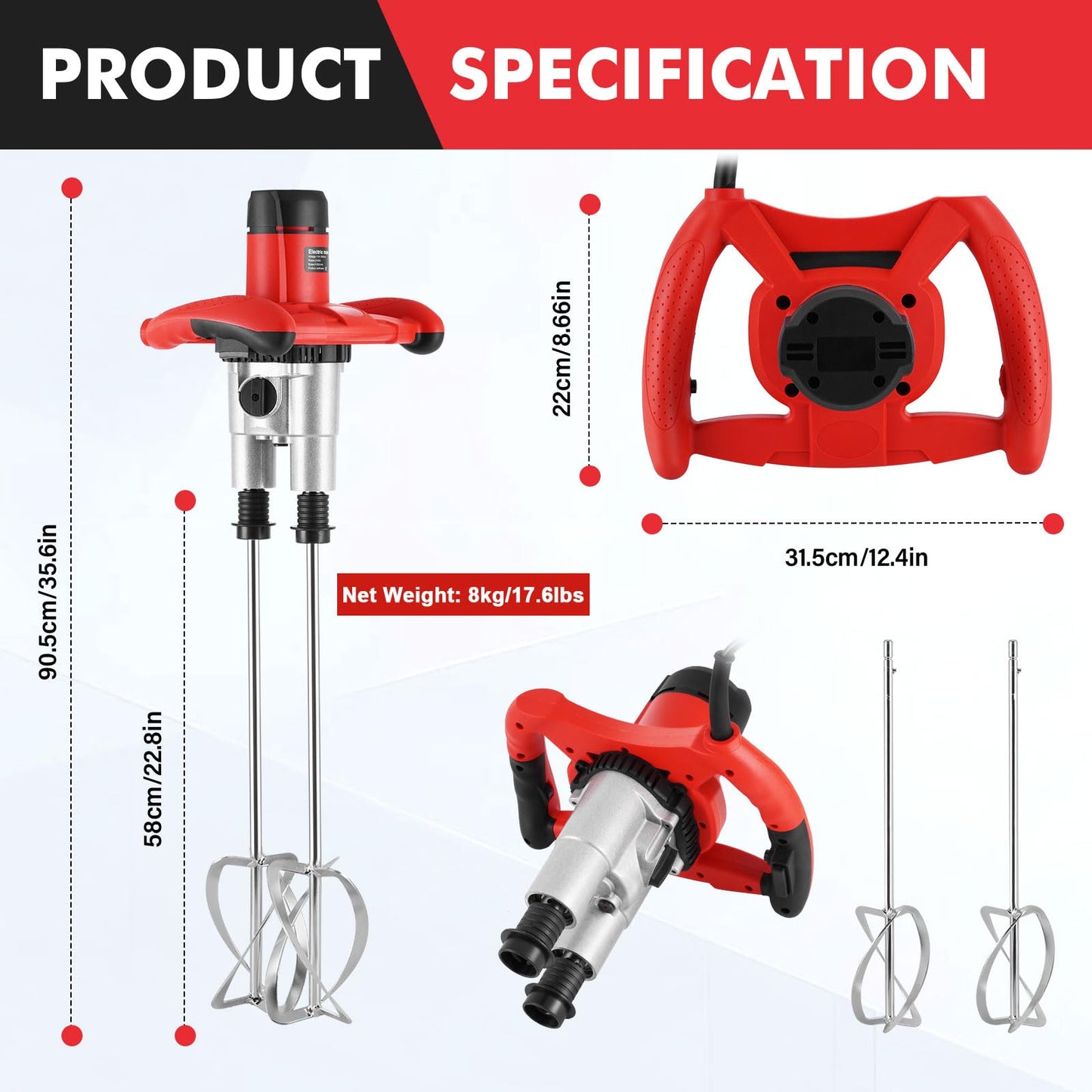 Meticuloso Concrete Mixer 2100W, Upgraded Double Paddle, Portable Cement Mixer with 6 Speed, 950RPM, Handheld Mud Mixer for Mortar, Paint, Grout, Plaster, Thinset, Fodder Stirring Tool