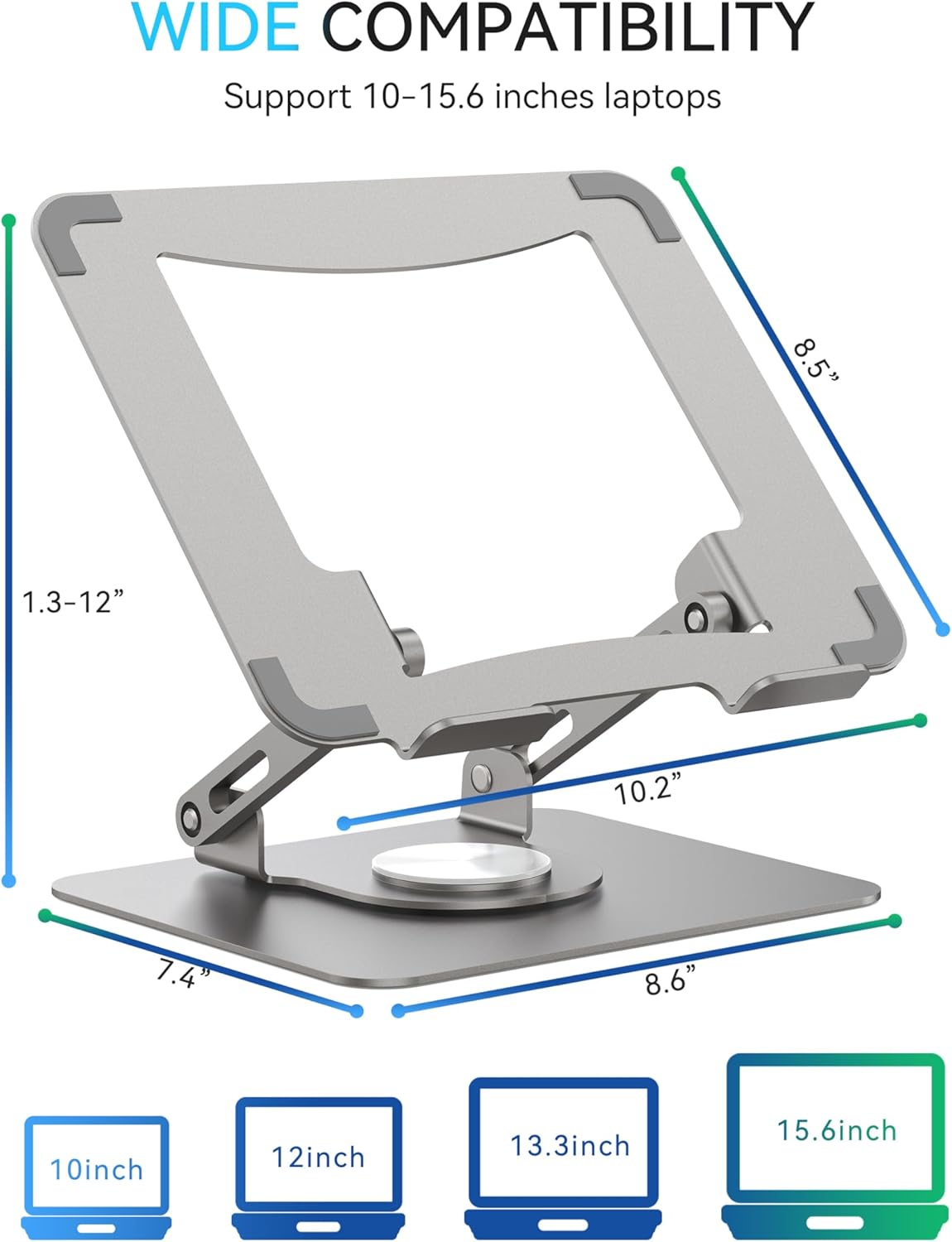 SOUNDANCE 360 Rotating Laptop Stand, Ergonomic Computer Riser for Desk, Adjustable Height Multi-Angle Metal Holder