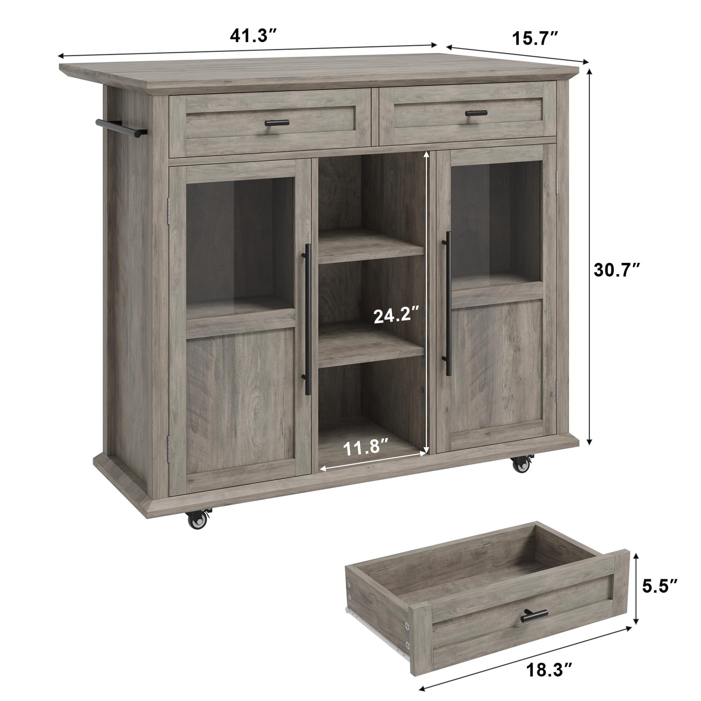 GarveeHome 41 in Rustic Kitchen Island on Wheels - Wood Drop-Leaf Table with 3-Tier Storage, Mobile Coffee Bar Cart (Light Gray)