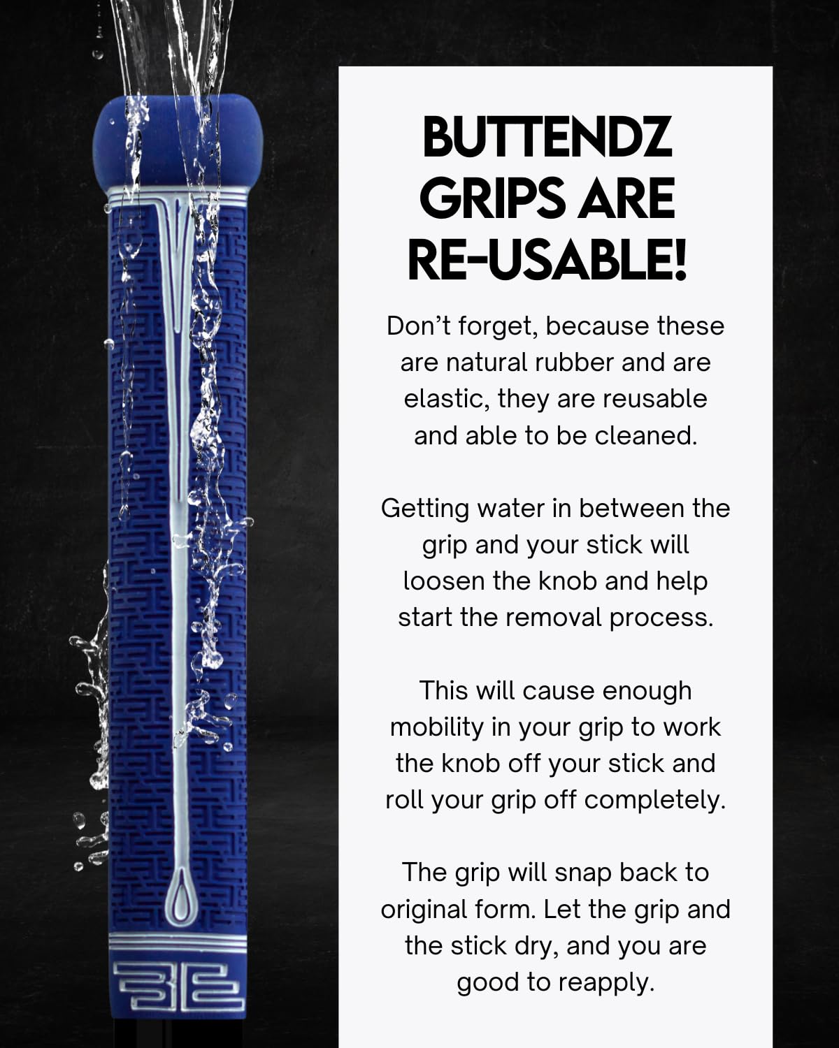 Buttendz Fusion Z Hockey Stick Replacement Grip - Reusable Design, Small Knob Player Grip for Top Hand Mobility, Fits All Stick Sizes (Blue, White Drip)