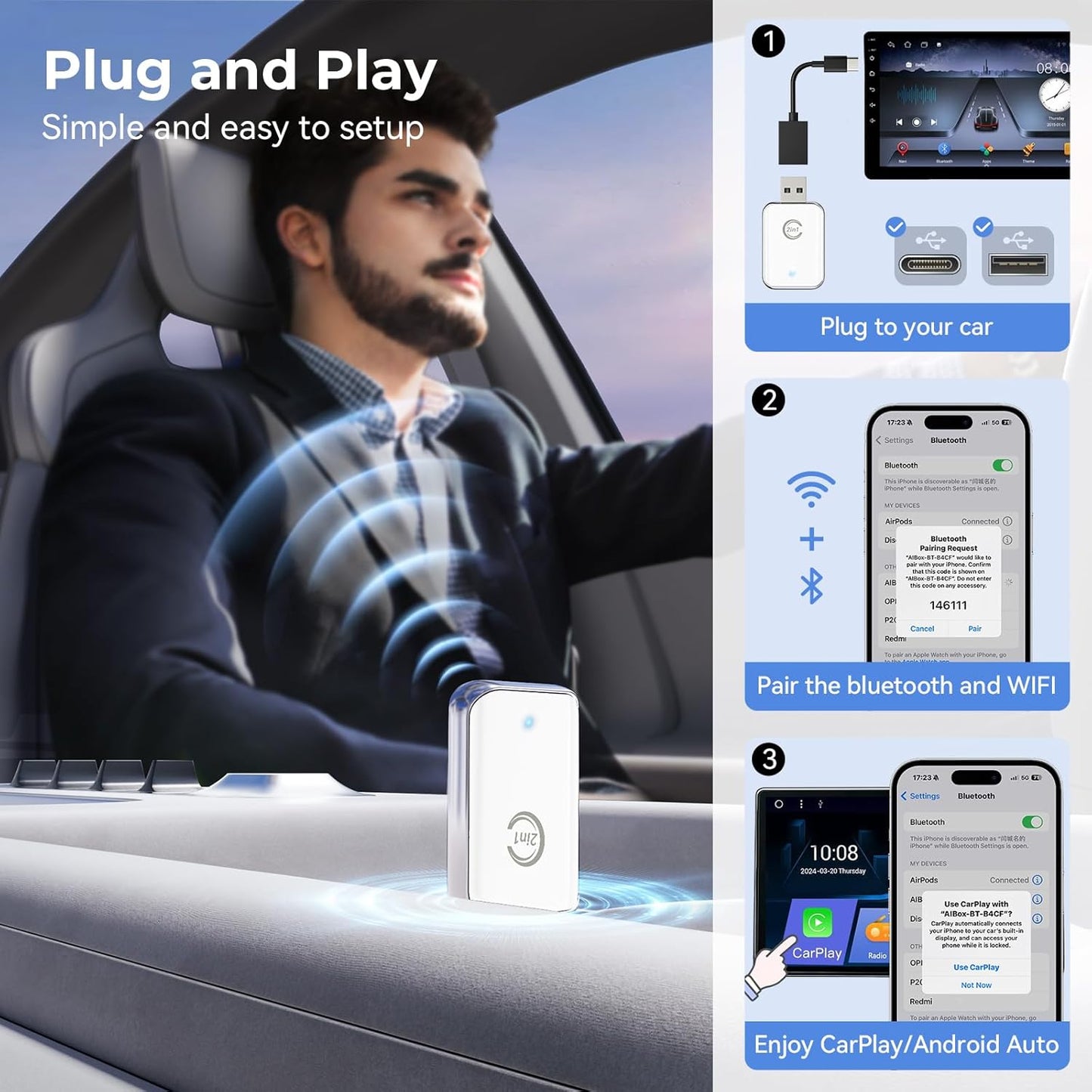 CZOCPOS 2 1 10 11 Wireless Carplay Adapter for iPhone, Convert Wired Car Play to Wireless, in Plug and Play Mini