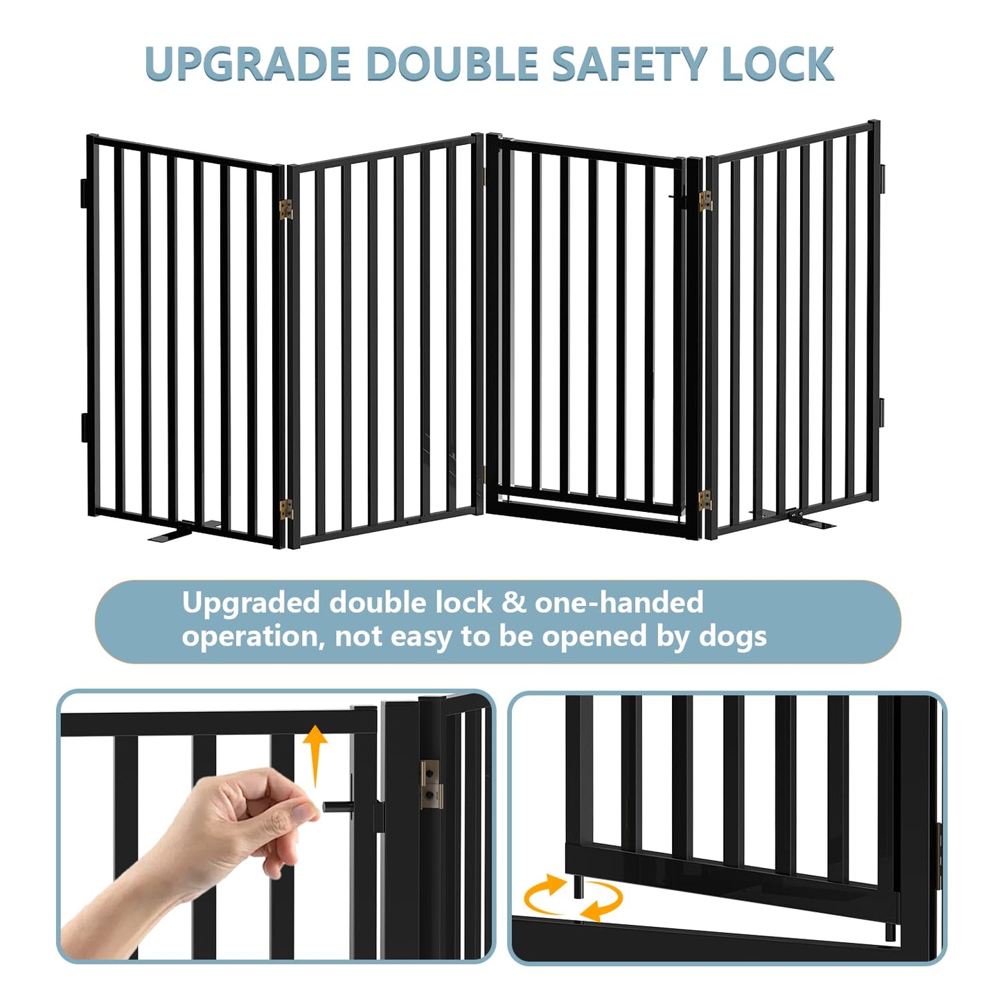 Lezbanz Full Metal Freestanding Dog Gates with Door, 32" Height Dog Fences for Indoor & Outdoor, Extra Wide Foldable Pet Gates for Stairs, Hallways, Doorways, Yard (4 Panels, 80" W × 32" H)