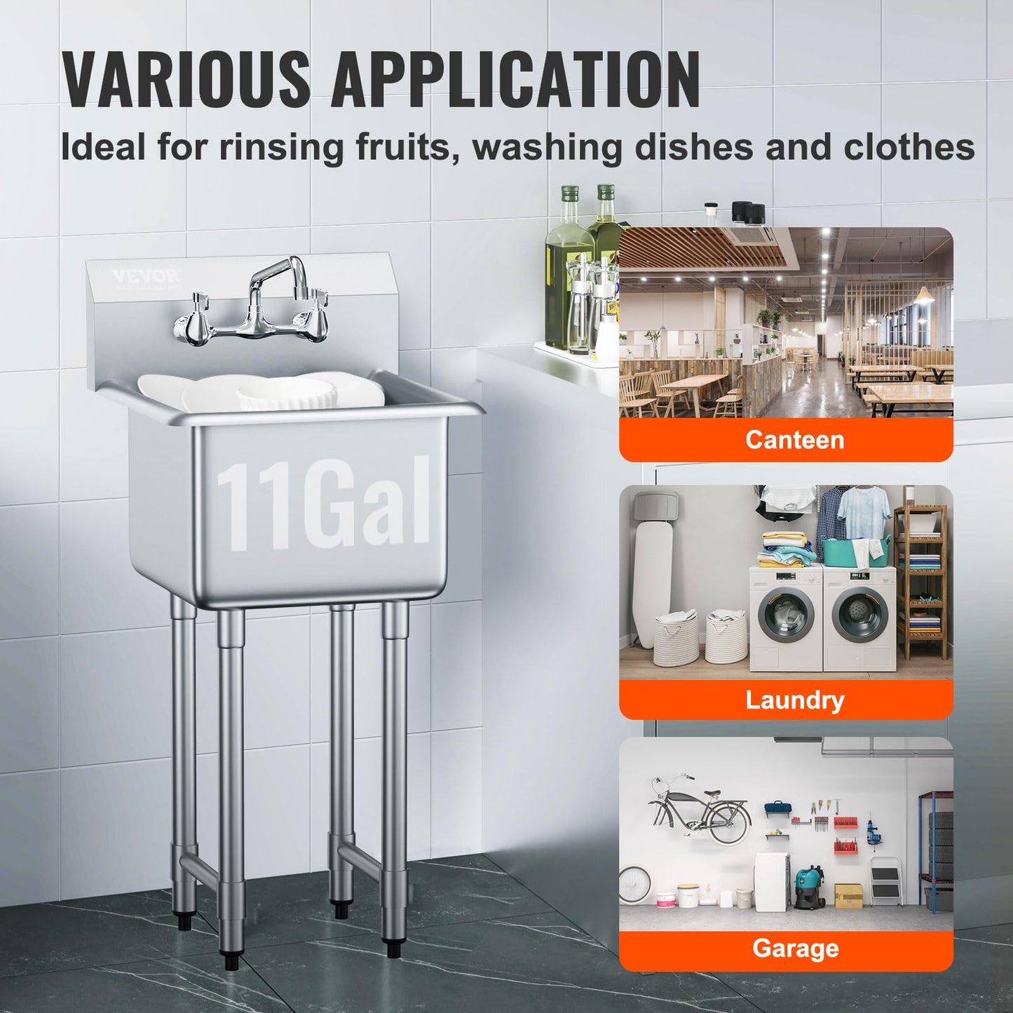 VEVOR Stainless Steel Prep & Utility Sink, 1 Compartment Free Standing Small Sink Include Faucet & legs,commercial Single Bowl Sinks for Garage, Restaurant, Kitchen, Laundry