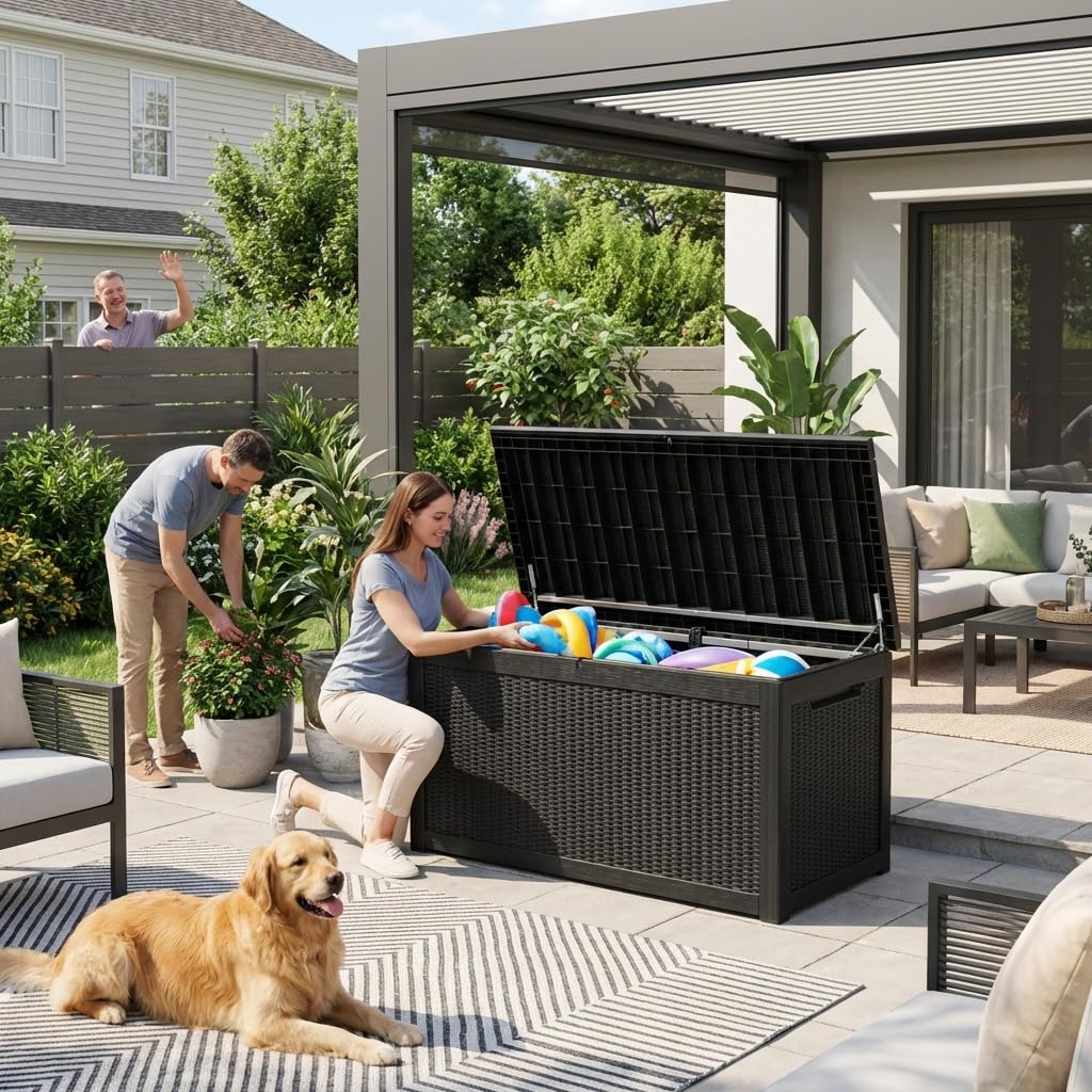 Decksplore 320 Gallon Resin Deck Box, Waterproof Outdoor Storage Bin for Patio Furniture, Pool Accessories, and Garden Tools, Lockable & UV-Resistant, Black