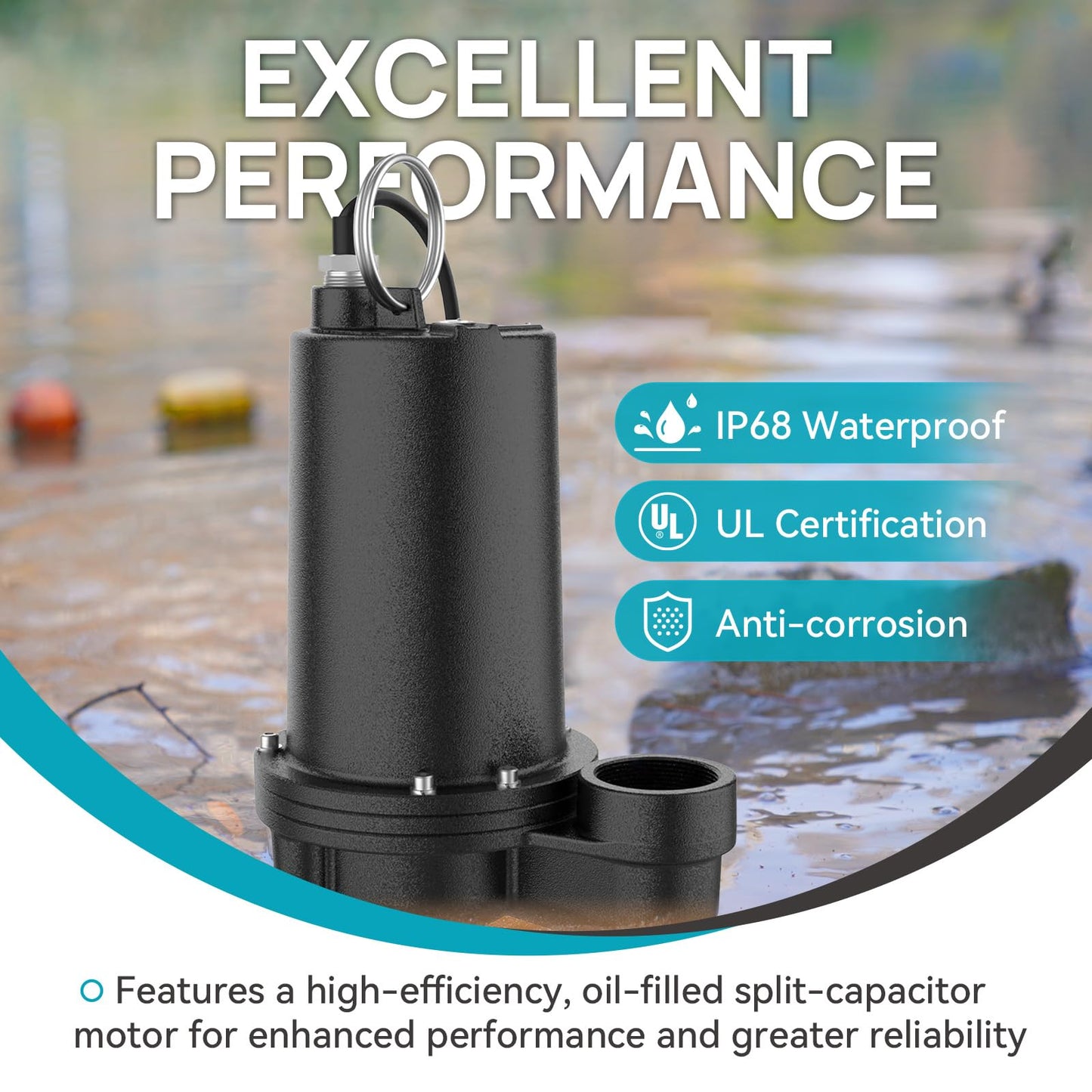 BOMGIE Sewage Pump, Cast Iron Effluent Pump, Automatic Tethered Float Switch, Sewage Sump Pump for Sump Basin, Basement, Residential Sewage, 2'' NPT Discharge, Black