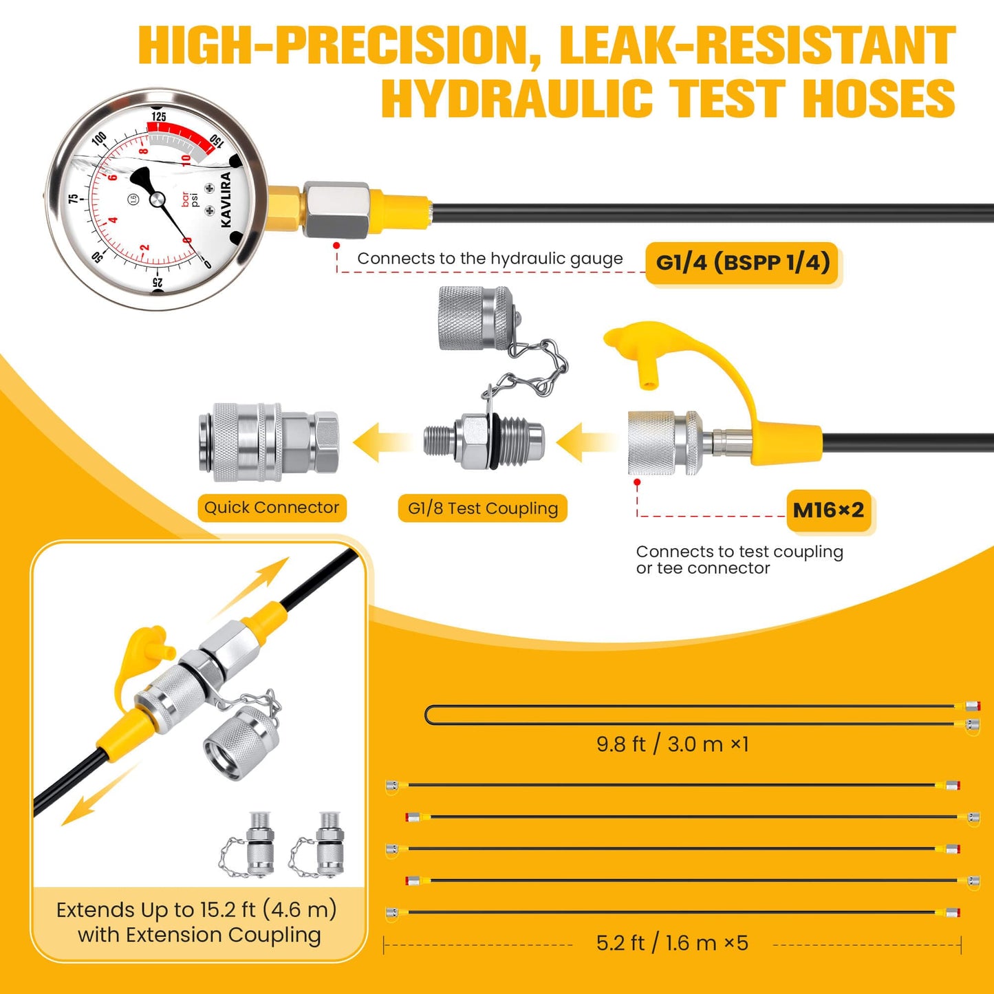 KAVLIRA Hydraulic Pressure Test Kit, 5 Gauges (Max 10,000 PSI) 13 Test Couplings 14 Tee Connectors 6 Hoses (5×5.2 ft + 1×9.8 ft), Hydraulic Test Gauge Kit for Excavator, Tractor & Heavy Equipment