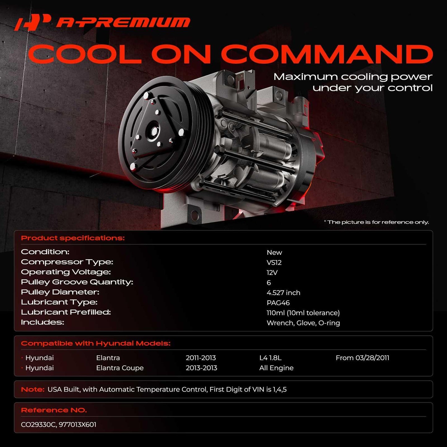 A-Premium AC Compressor with Clutch Compatible with Hyundai Elantra 1.8L 2011-2013, Elantra Coupe 1.8L 2013, with Automatic Temperature Control Only (NOT Manual), with 3-Pin Connector