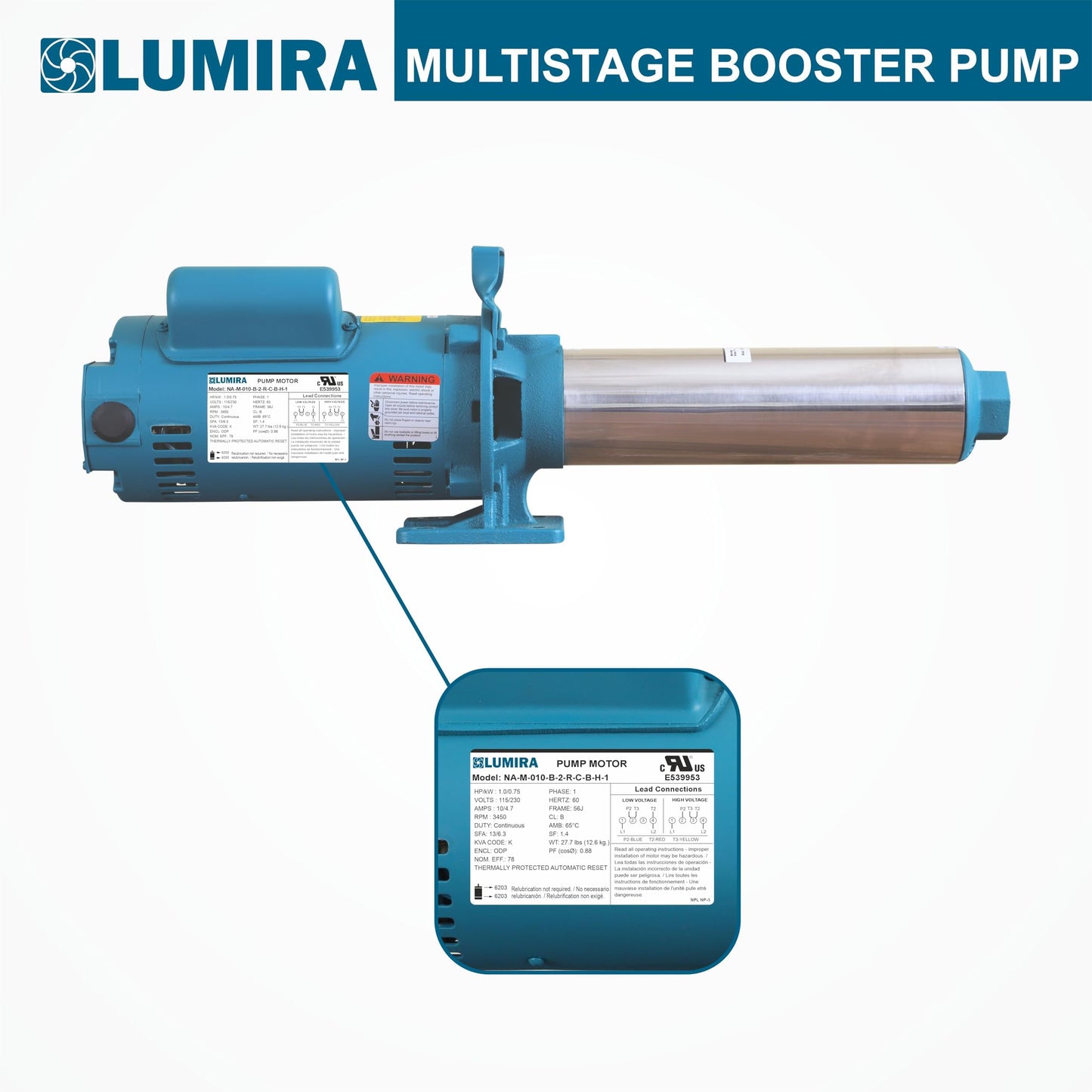 LUMIRA Multi stage booster pump - 07 GPM,13 STAGE, 3/4 hp, 115/230 Volts, 1 phase, 1" FNPT connections