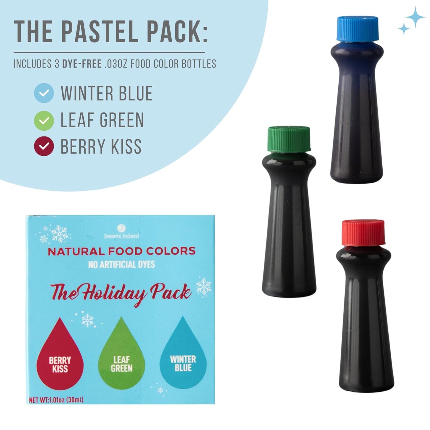 Skiennix Dye Free Christmas Food Coloring Set - 3 Natural Colors (Berry Kiss Red, Leaf Green, Winter Blue) | Perfect for Baking, Frosting & Desserts