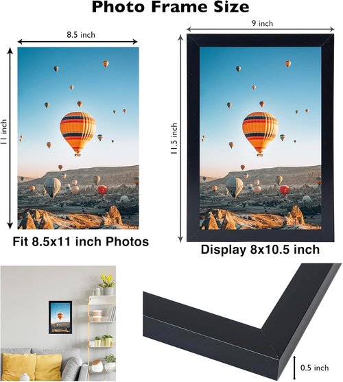 JCJMY 8.5x11 Picture Frame Set of 6 - Black Wall Mounting Frames for Horizontal or Vertical Display