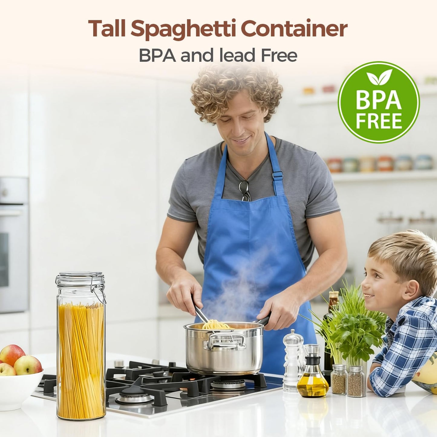 ComSaf 3-Pack 68oz 13-Inch Tall Glass Pasta Containers for Spaghetti & Long Pasta, Slender Airtight Canisters for Vertical Pantry Organization, Food Storage Jars for Linguine & Breadsticks