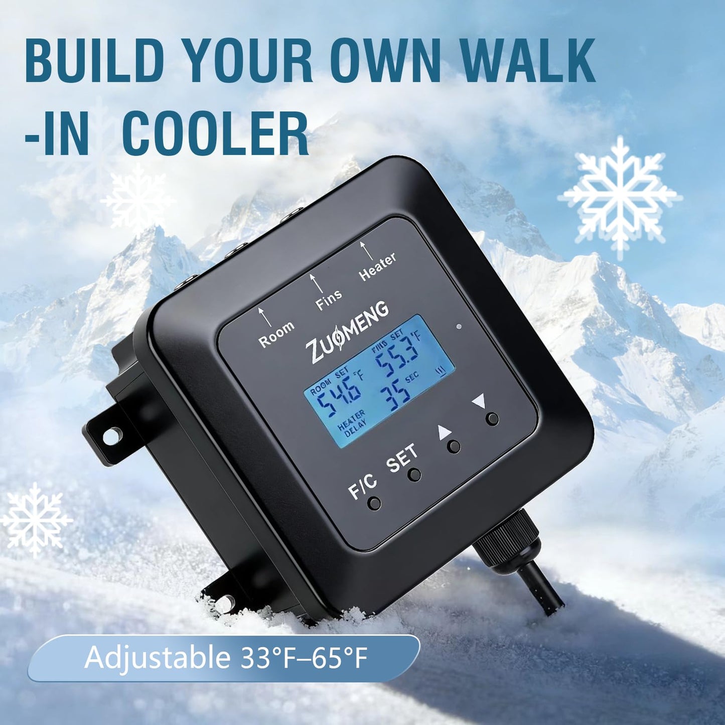 Zuomeng Walk-in Cooler Controller for Window AC Unit, Adjustable 33°F–65°F Temperature Control for Meat, Produce, Flowers and Beverages Storage