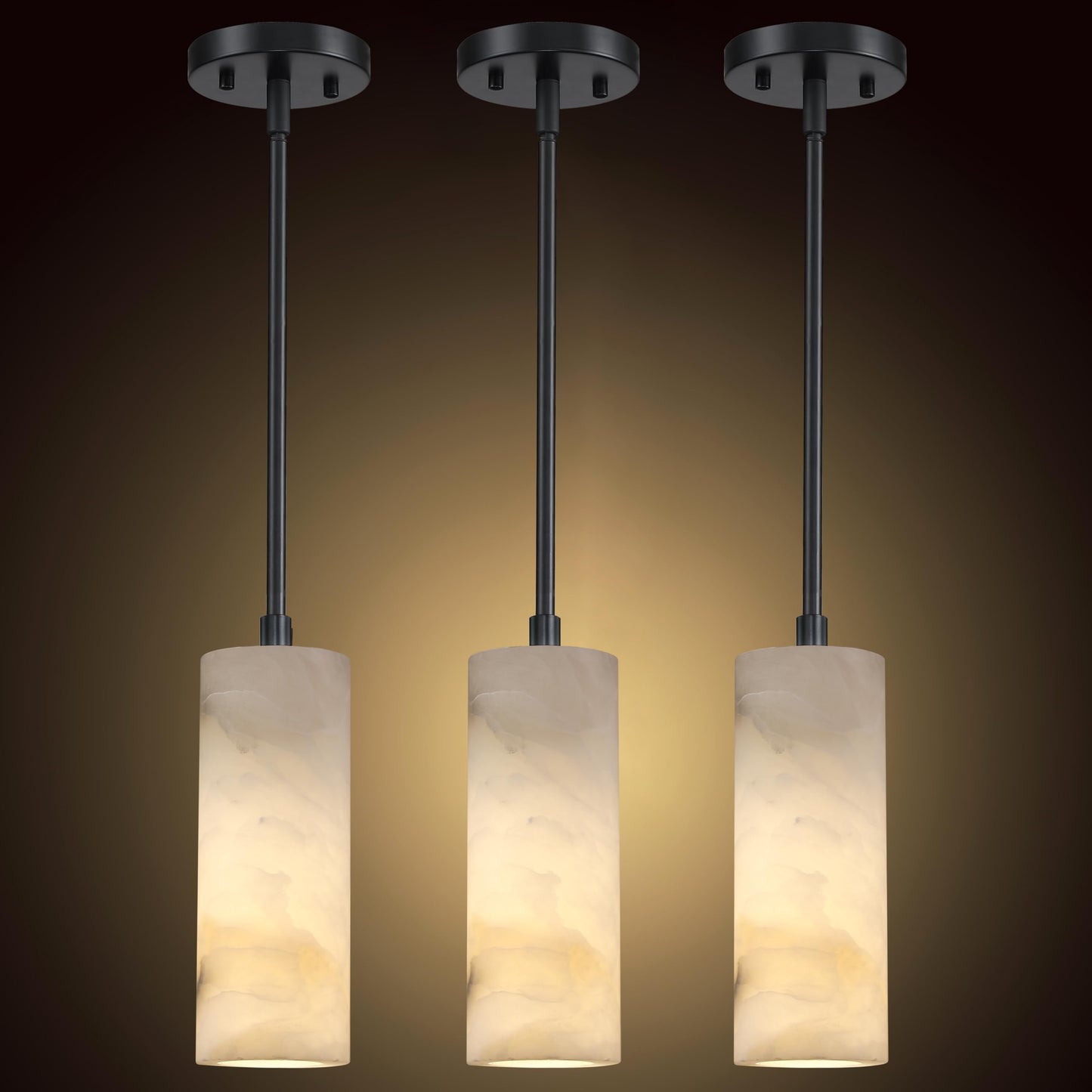 Tonabona 3 Pack 1 Light Hanging Natural Polyhedral Alabaster Marble Pendant Ceiling Light Fixture,Modern Industrial Farmhouse Kitchen Island Light Black Finish Over Sink Restaurant bar Corridor