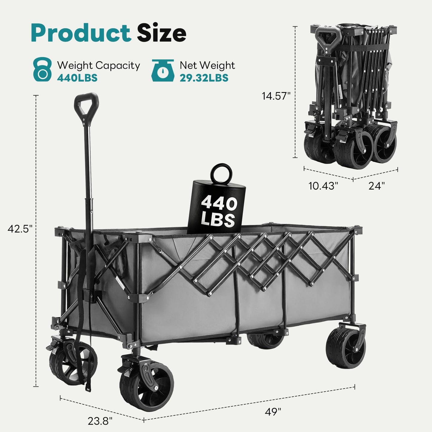 OLIXIS 49" Extra Long Folding Wagon Cart, 440LBS Heavy Duty Collapsible Wagon with Big All-Terrain Wheels, 250L Portable Outdoor Utility Cart for Shopping, Garden, Camping, Grocery, Sports - Grey