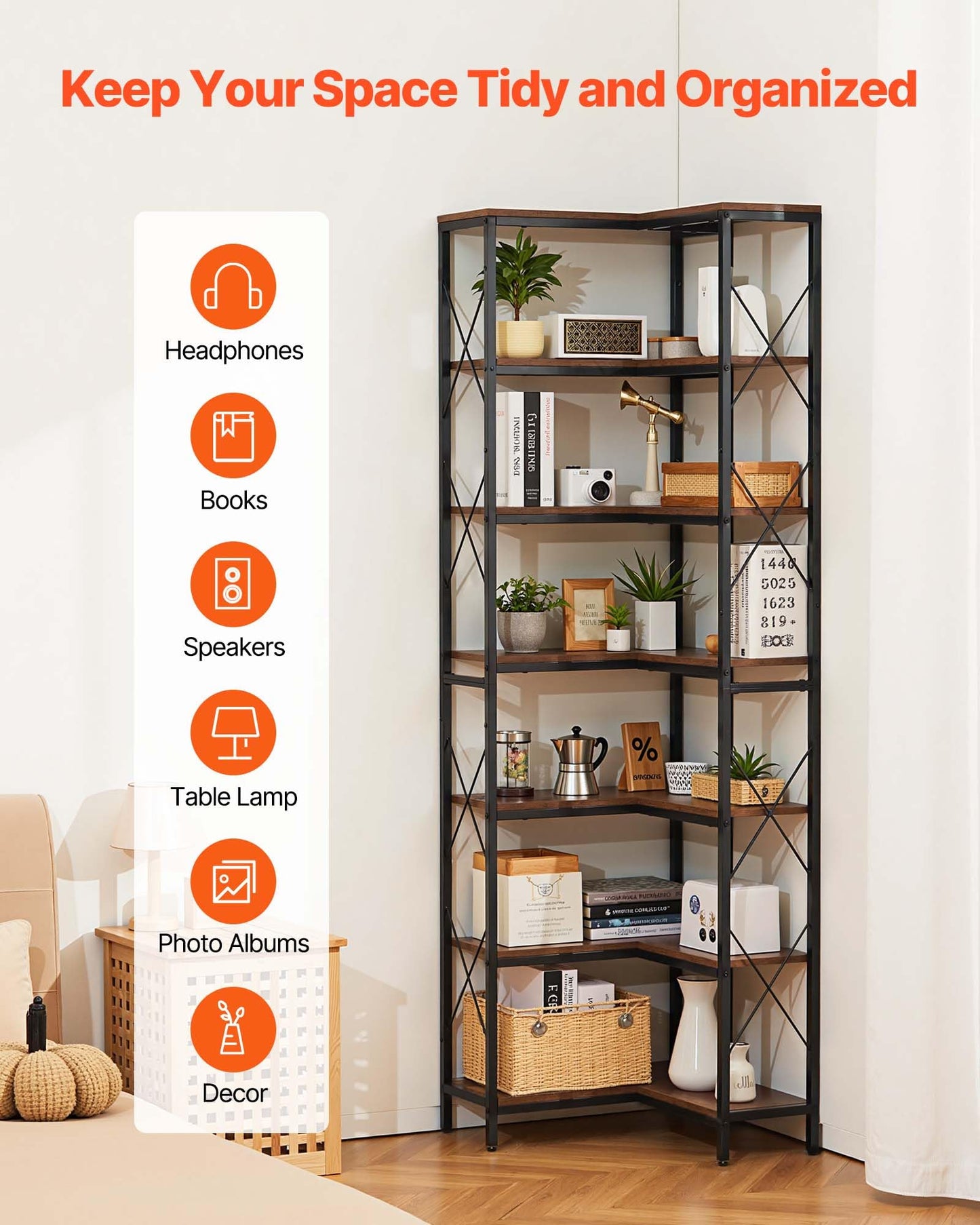 VEVOR 7 Tier Corner Bookshelf, Tall Corner Bookcase Strage, Large L-Shaped Bookshelf Organizer with Metal Frame & Wooden Shelves, Reversible Display Book Shelf Rack for Bedroom, Living Room, Office