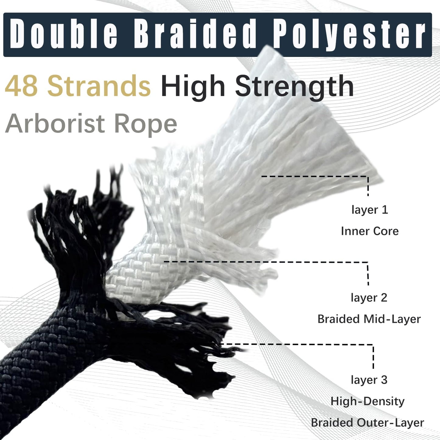 1/2 Inch Arborist Tree Pulling Rope - 100 Feet Tree Swing Rope for Rigging, Outdoor Use - High Strength Double Braided Polyester 48 Strands - Black