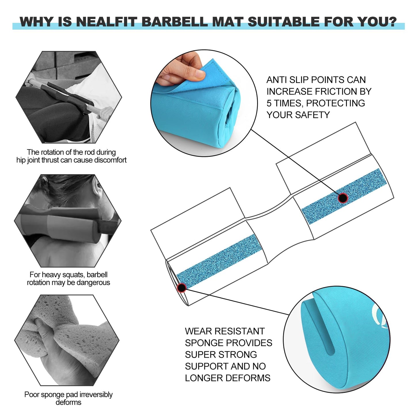 NEALFIT Barbell Squat Pad with Thick Nylon Padding, Hip Thrust Pad for Squats, Lunges, Neck Shoulder Squat Pad for Olympic or Standard Bars (Blue)