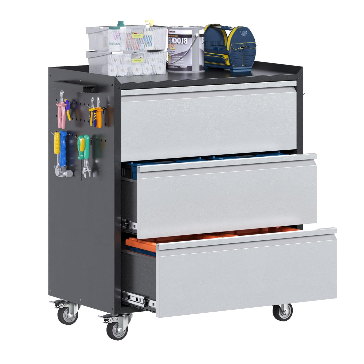 Aobabo Metal Rolling Tool Storage Cabinet with Drawers, Side Pegboards, Left Handle, Lockable Casters, Garage Workshop Utility Cart, 18.11 D x 30.3 W x 35.4 H Inches,Assembly Required