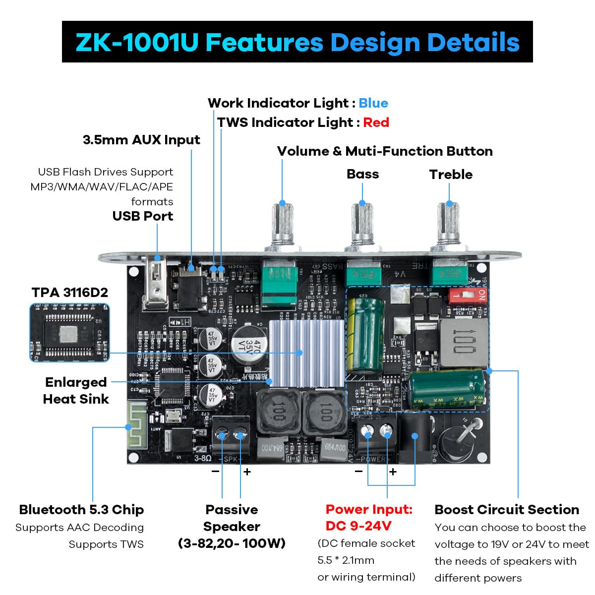 ZK-1001U 100W 9-24V Hosyond Mono Bluetooth Amplifier Board, Power Amp with TWS Pairing, Wide Voltage Input