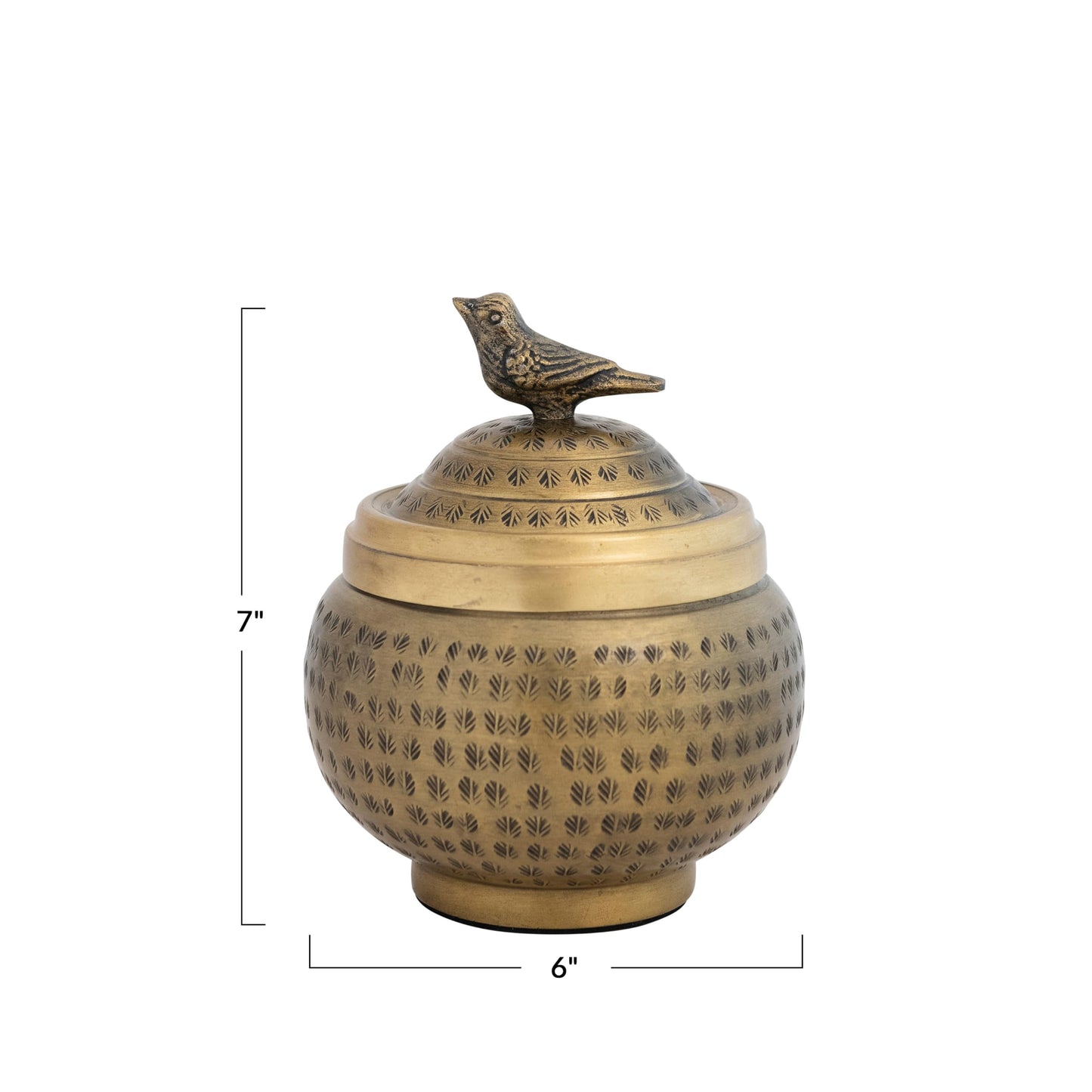 Round Hammered Metal Container with Bird Finial, Brass Finish