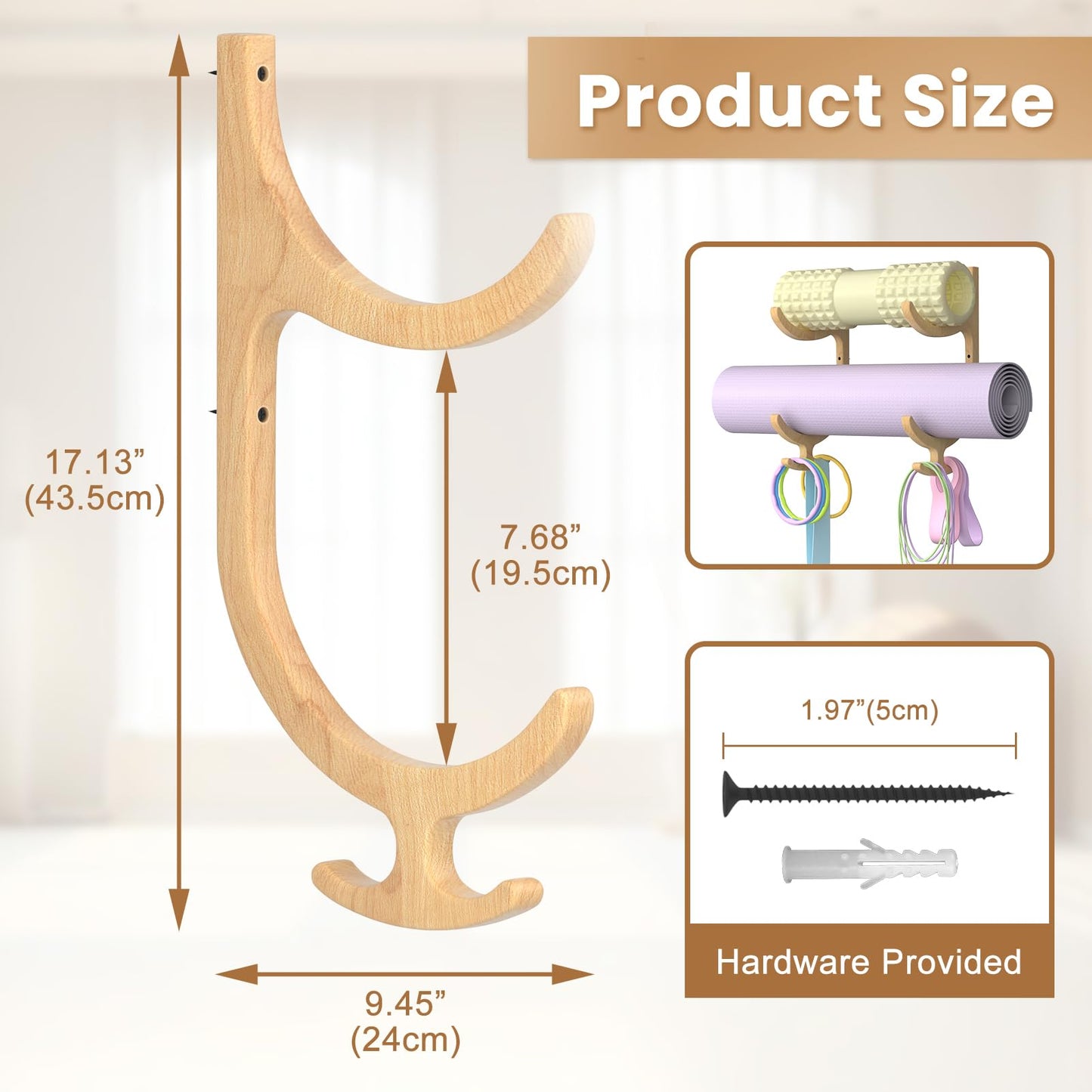 BSTSLL Wooden Yoga Mat Holder Wall Mount, Yoga Mat Storage Rack, Home Gym Equipment Organizer, Wall Mount Workout Storage Holder for Hanging Foam Rollers and Resistance Bands (2-Tier)