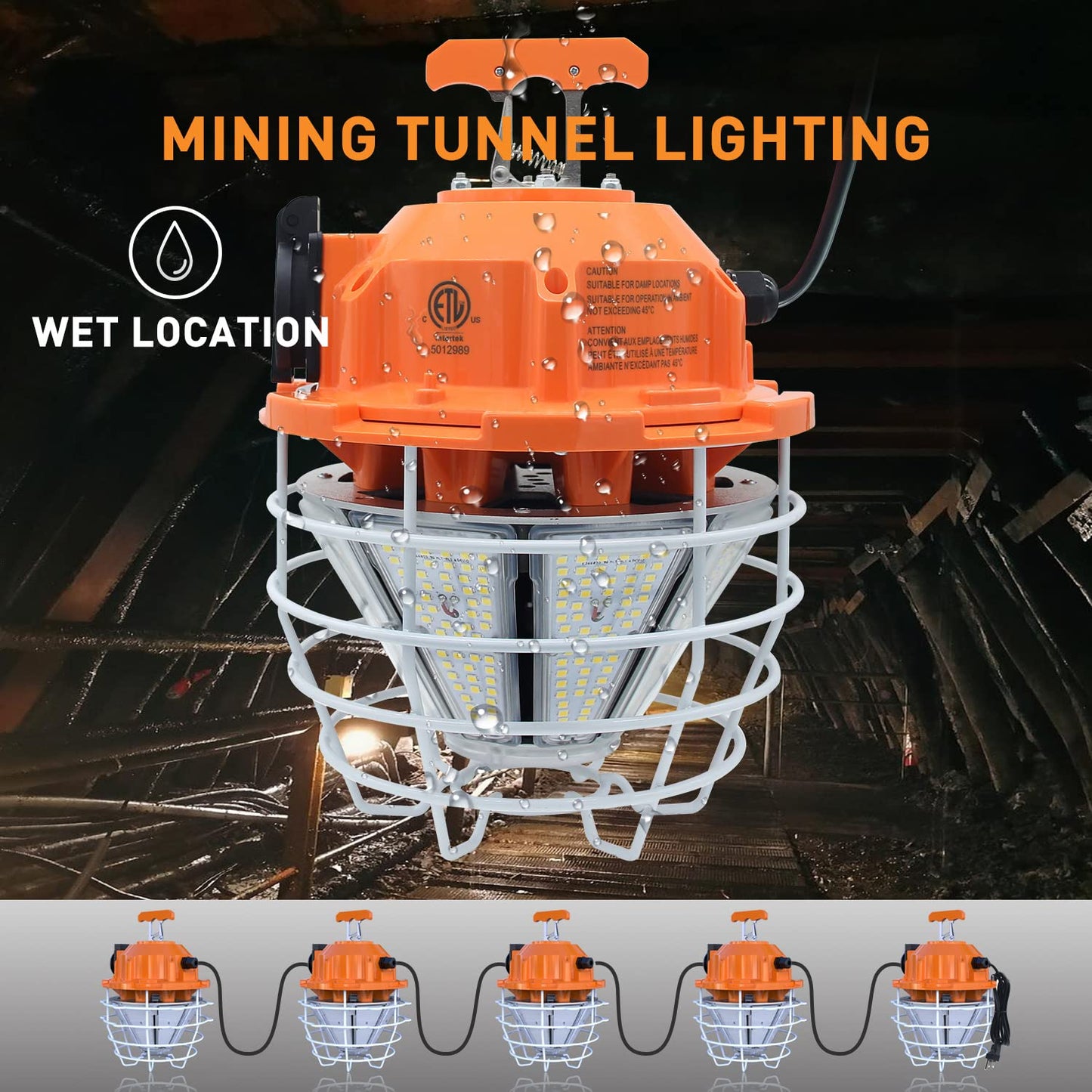 NS 150W LED Temporary Work Light, 24750LM Linkable Daylight White 5,000K Portable Hanging Lamp Jobsite Lighting Stainless Steel Protective Cover for Outdoor Construction High Bay Warehouse
