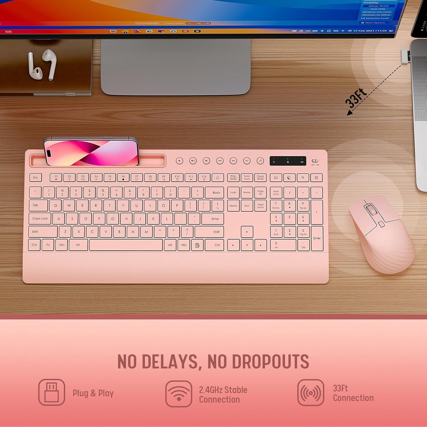 Trueque 2.4G Set Pink Keyboard and Mouse Wireless, Lag-Free Cute Keyboard Combo with Ergonomic Wrist Rest, Phone Holder