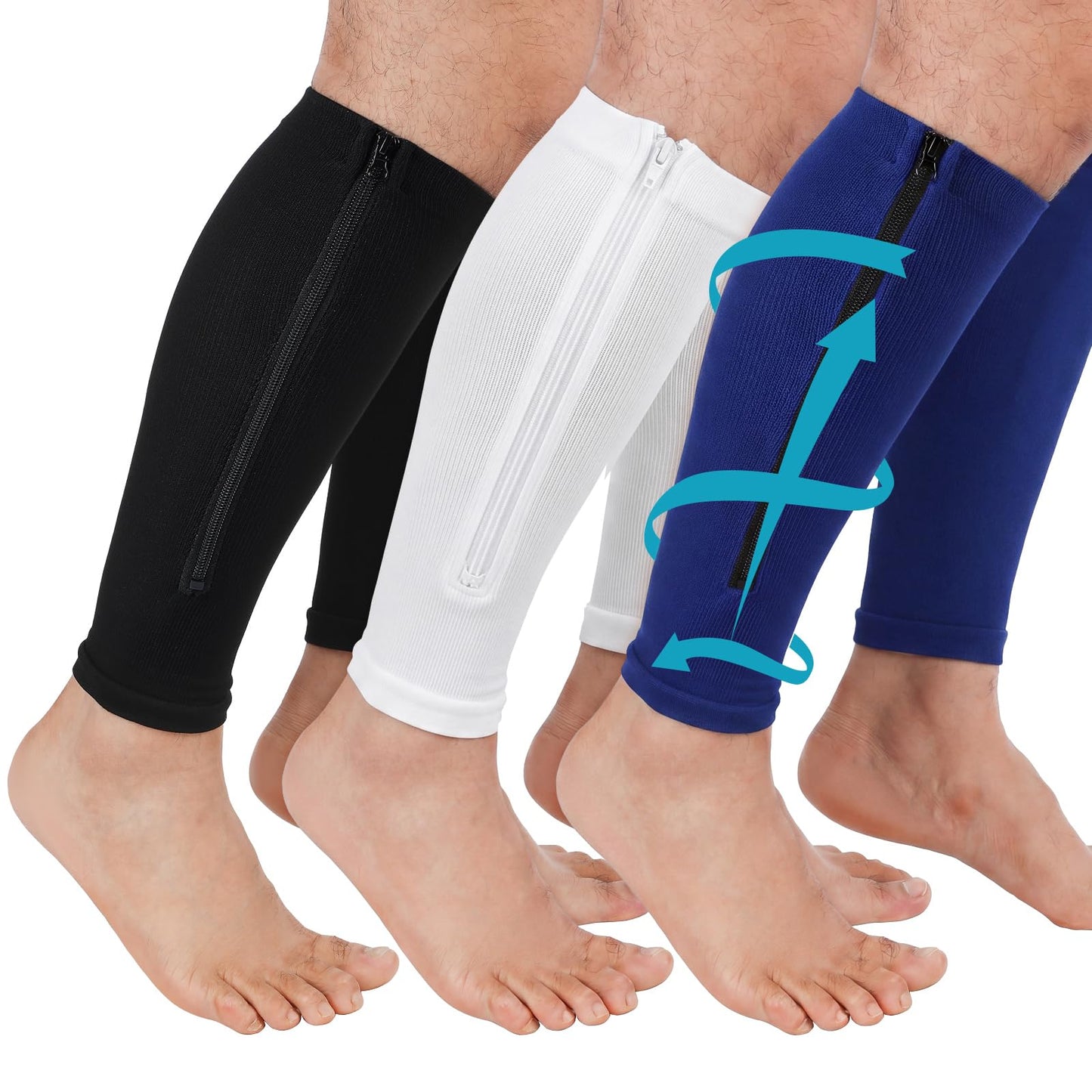 Threlaco 3 Pairs Calf Compression Sleeve with Zipper 20-30mmhg Leg Compression Sleeve Calf Brace Zipper Socks No Foot Sleeves for Men Women Support Running Shin Splints(Black White Blue)